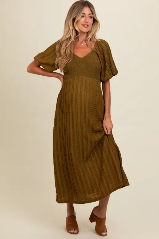 Olive Smocked V-Neck Short Puff Sleeve Textured Maternity Midi Dress sold by Pinkblush