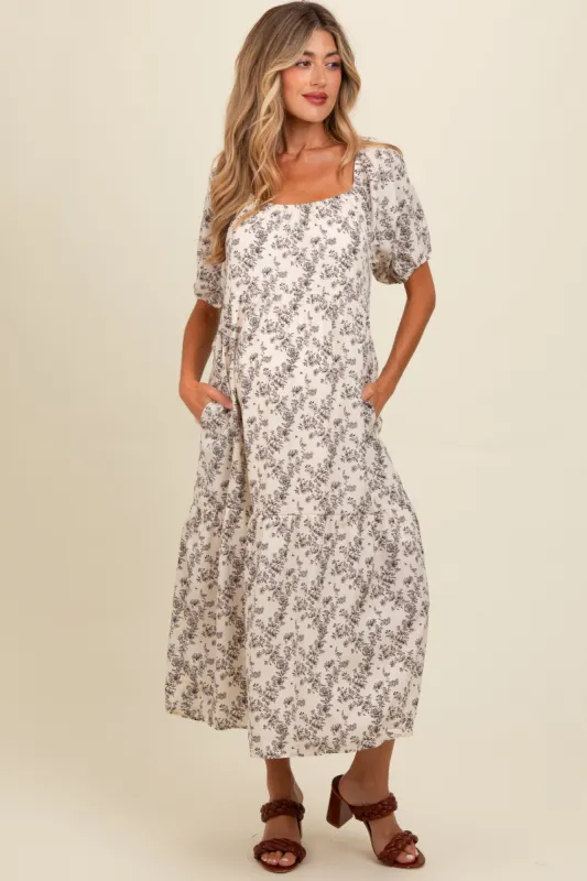 Cream Floral Ruffle Hem Maternity Midi Dress sold by Pinkblush
