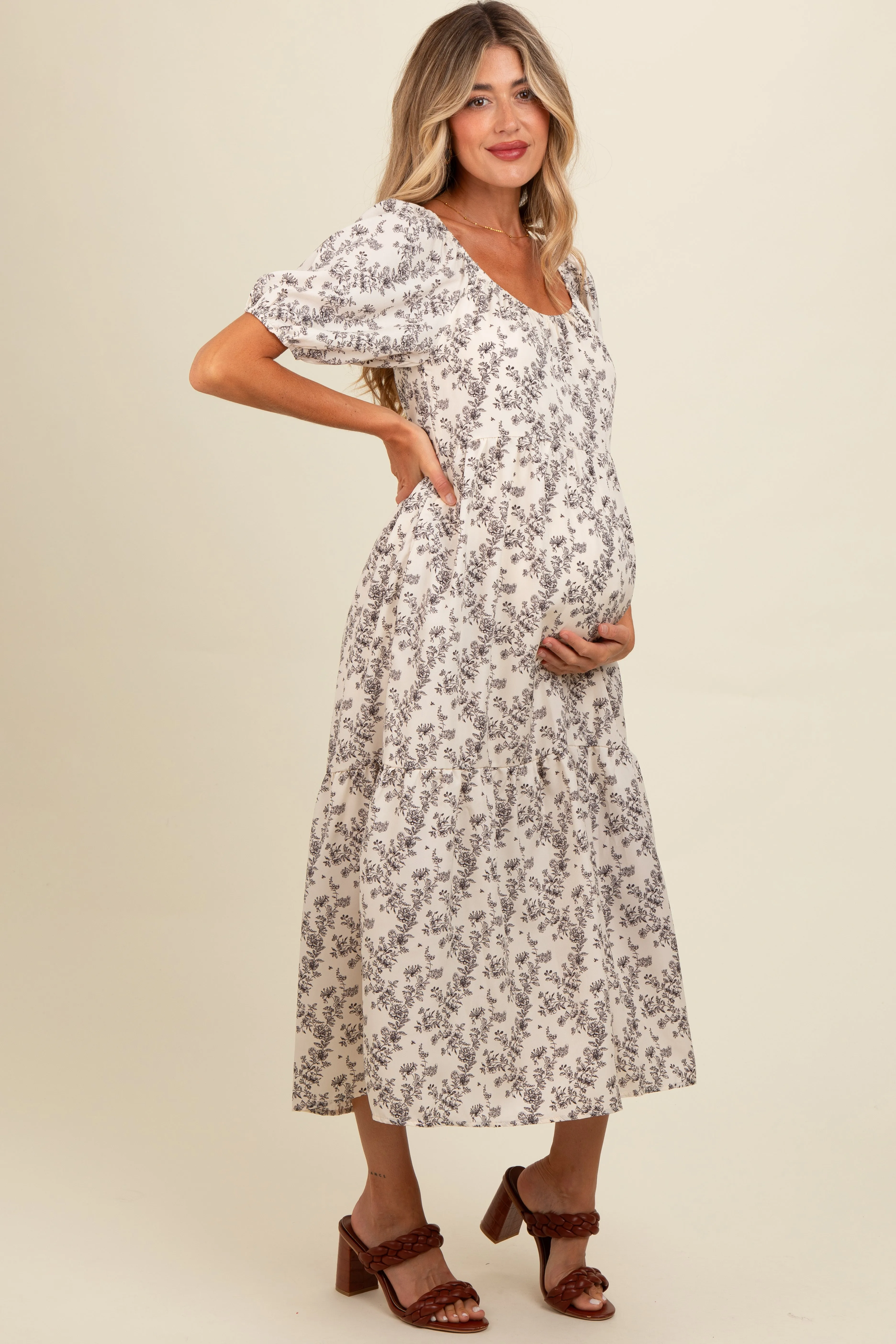 Cream Floral Ruffle Hem Maternity Midi Dress sold by Pinkblush product image thumbnail 3