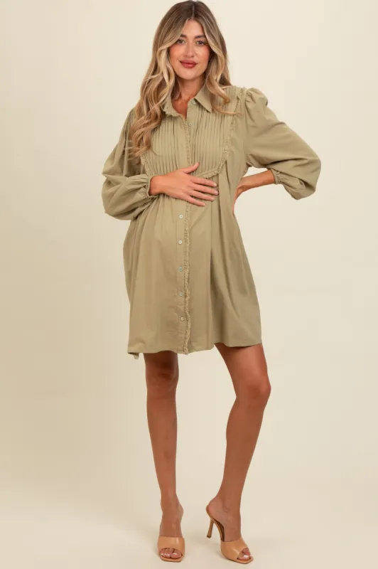 Light Olive Frayed Button Down Maternity Mini Dress sold by Pinkblush