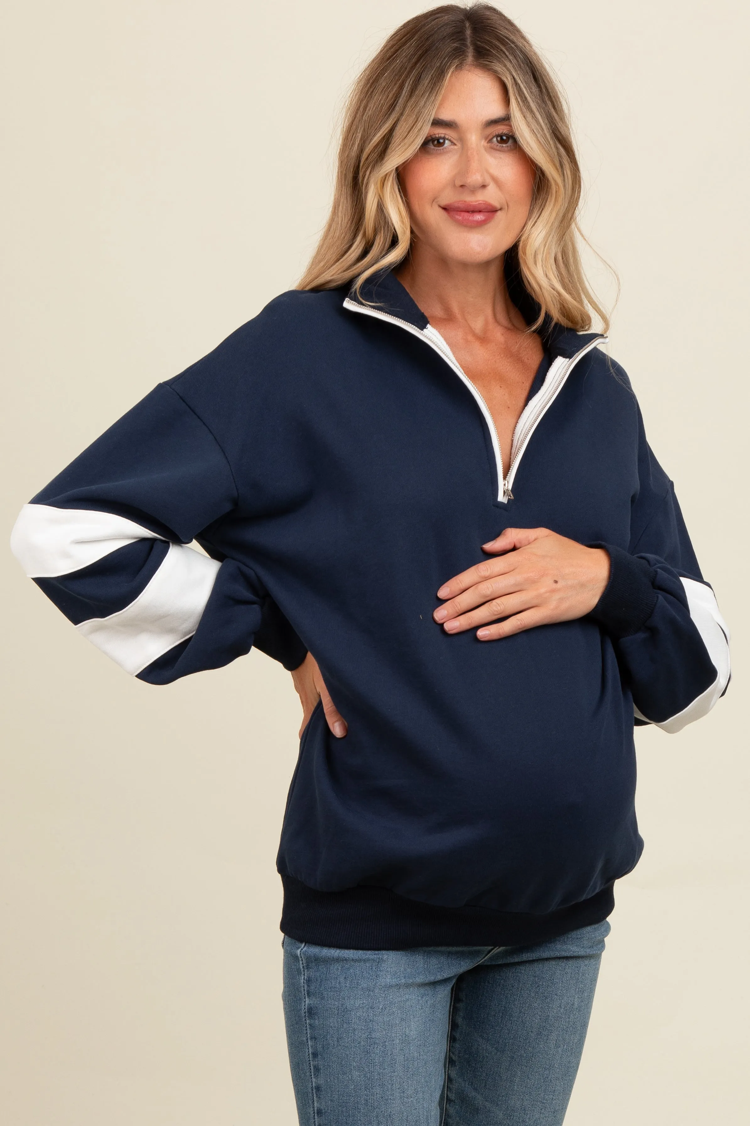 Navy Half Zip Stripe Sleeve Maternity Pullover sold by Pinkblush product image thumbnail 3