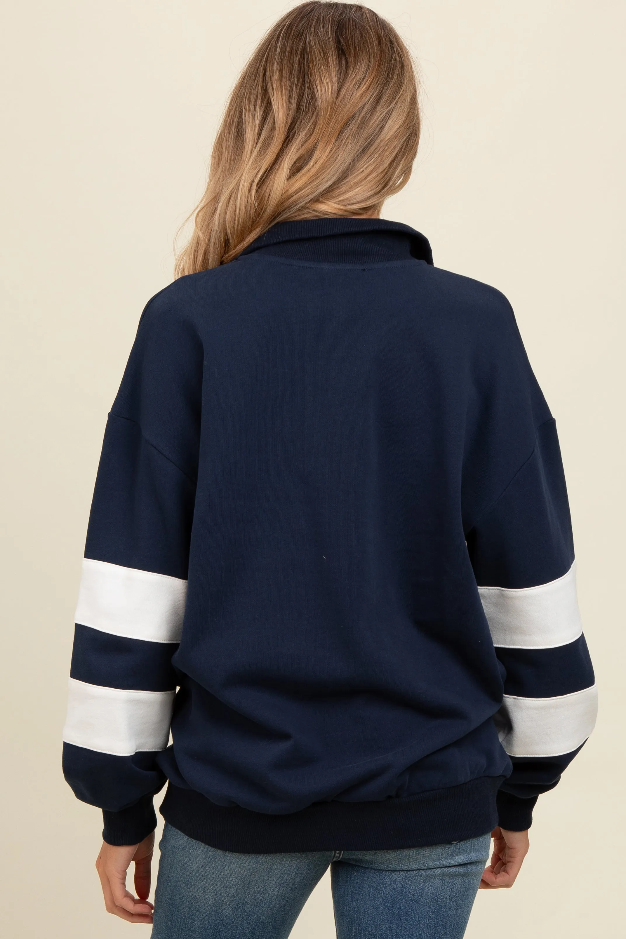 Navy Half Zip Stripe Sleeve Maternity Pullover sold by Pinkblush product image thumbnail 4
