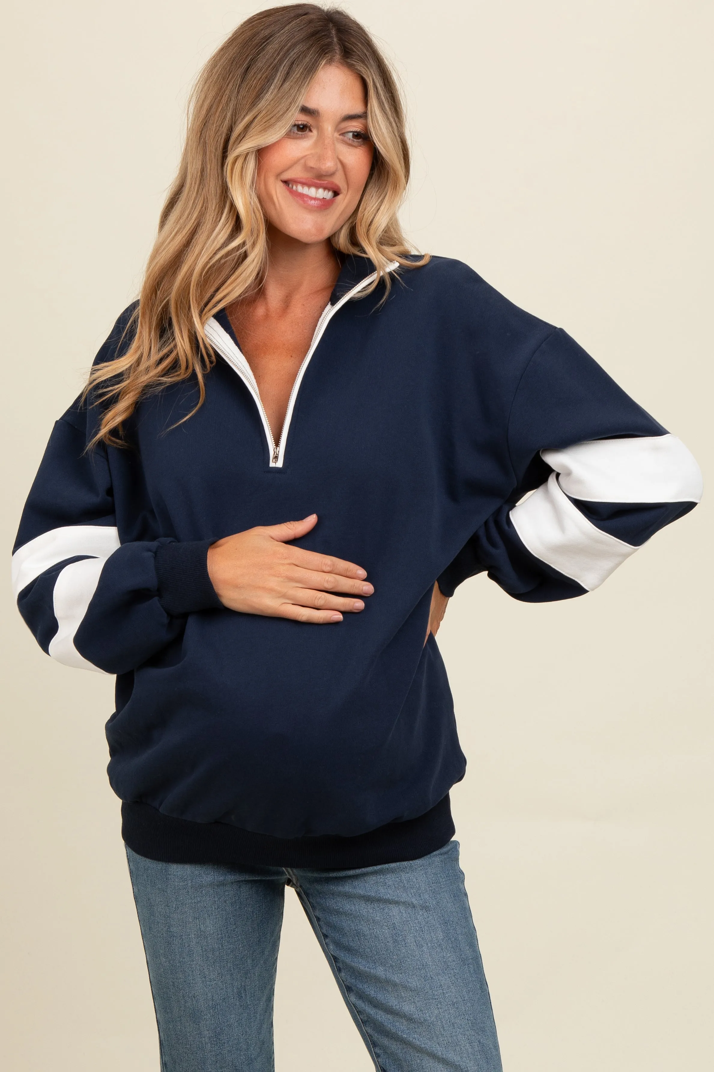 Navy Half Zip Stripe Sleeve Maternity Pullover sold by Pinkblush product image thumbnail 2
