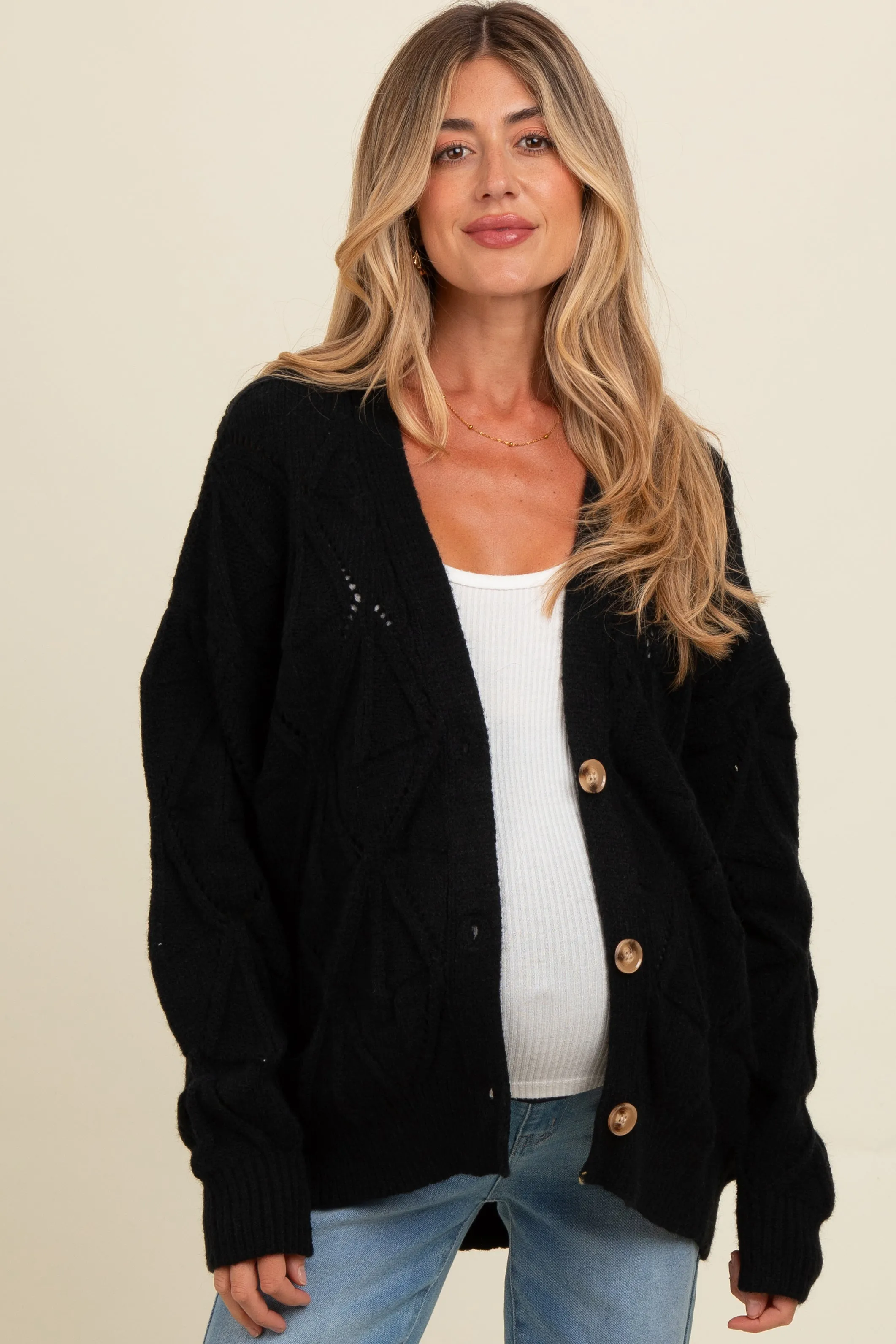 Black Textured Button Up Sweater Maternity Cardigan sold by Pinkblush
