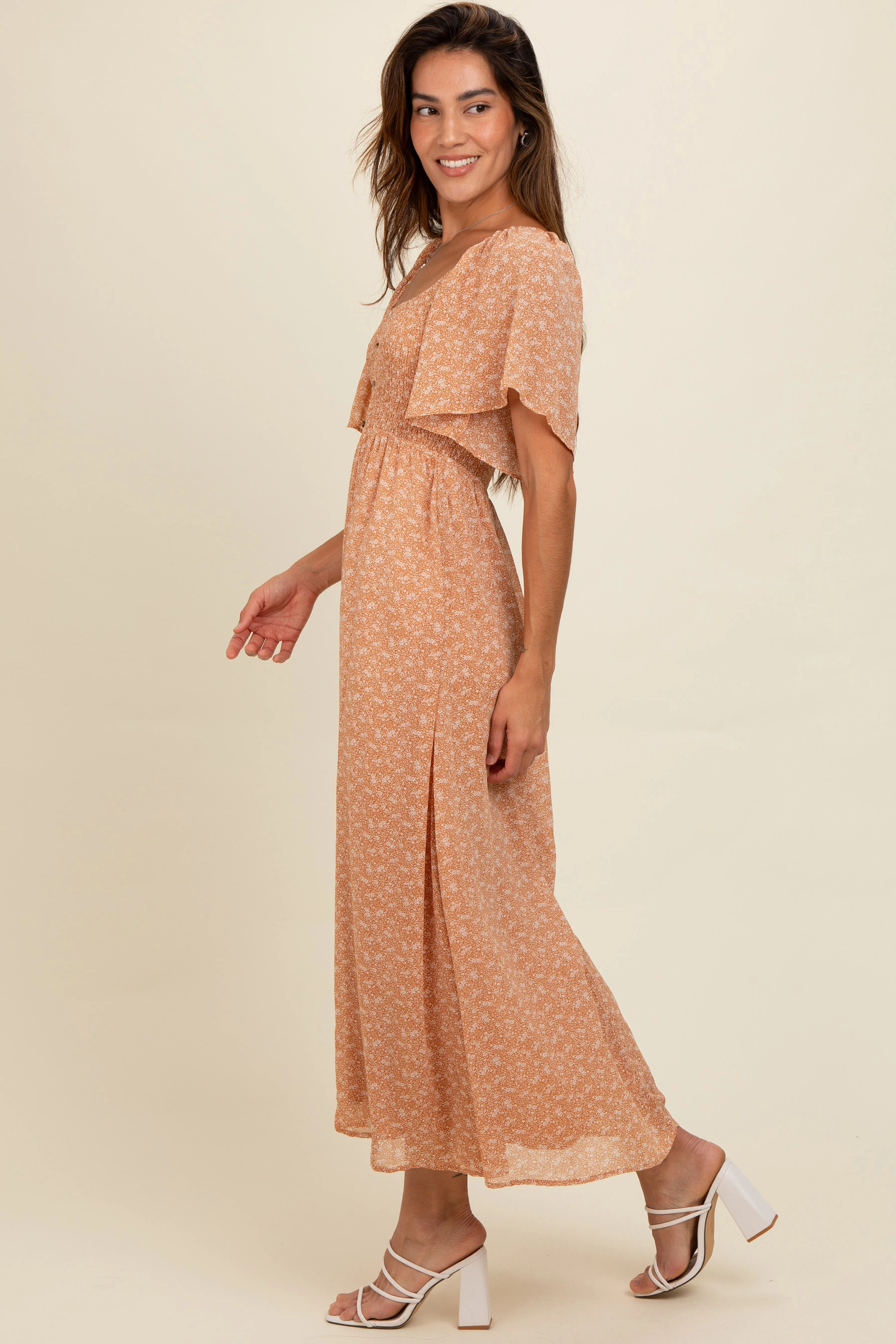 Peach Floral Smocked Button Accent Maxi Dress sold by Pinkblush product image thumbnail 3