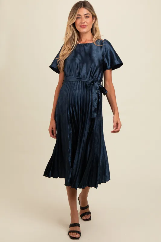 Navy Satin Pleated Sash Tie Maternity Midi Dress sold by Pinkblush