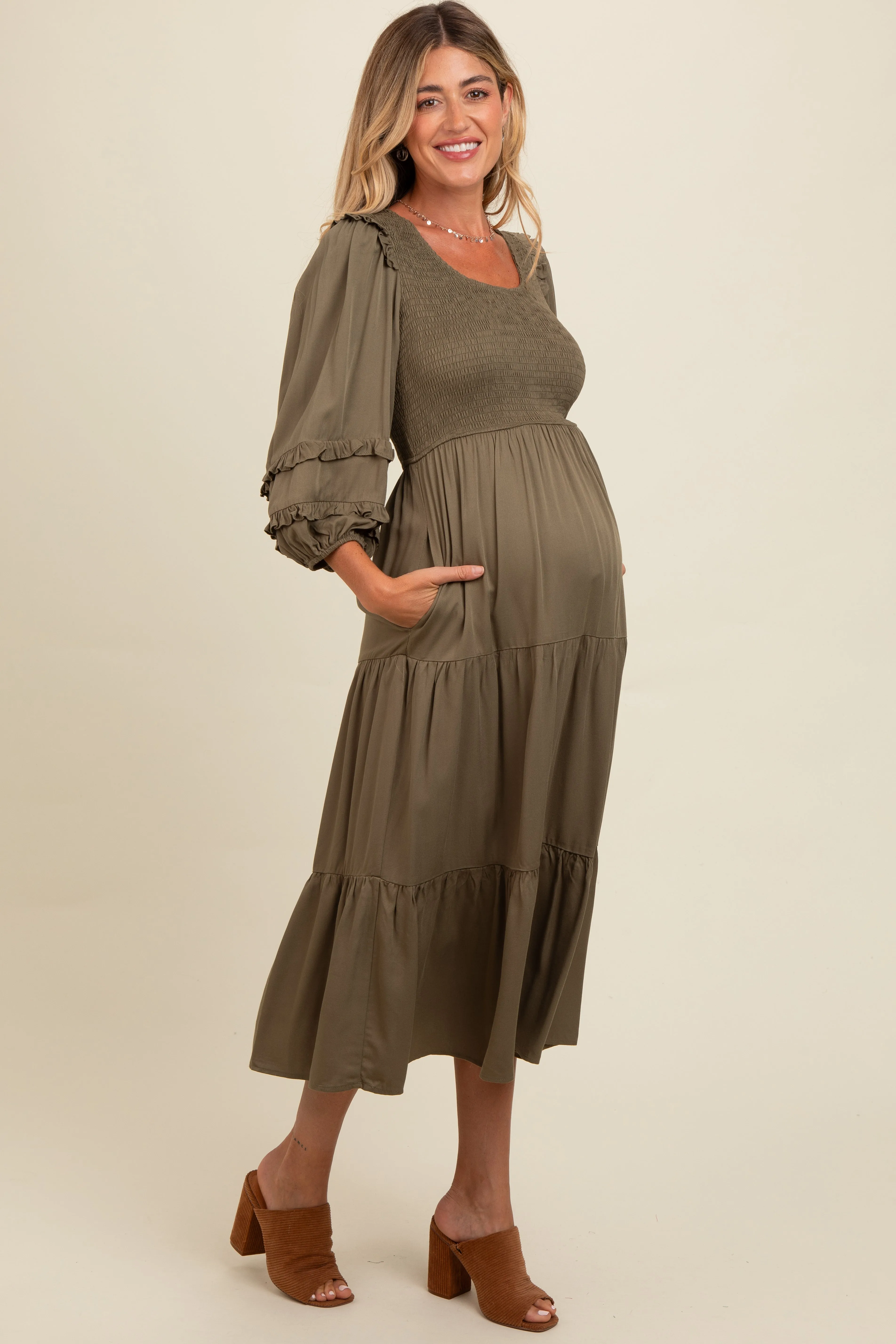 Olive Smocked Ruffle Shoulder Tiered Maternity Midi Dress sold by Pinkblush product image thumbnail 3