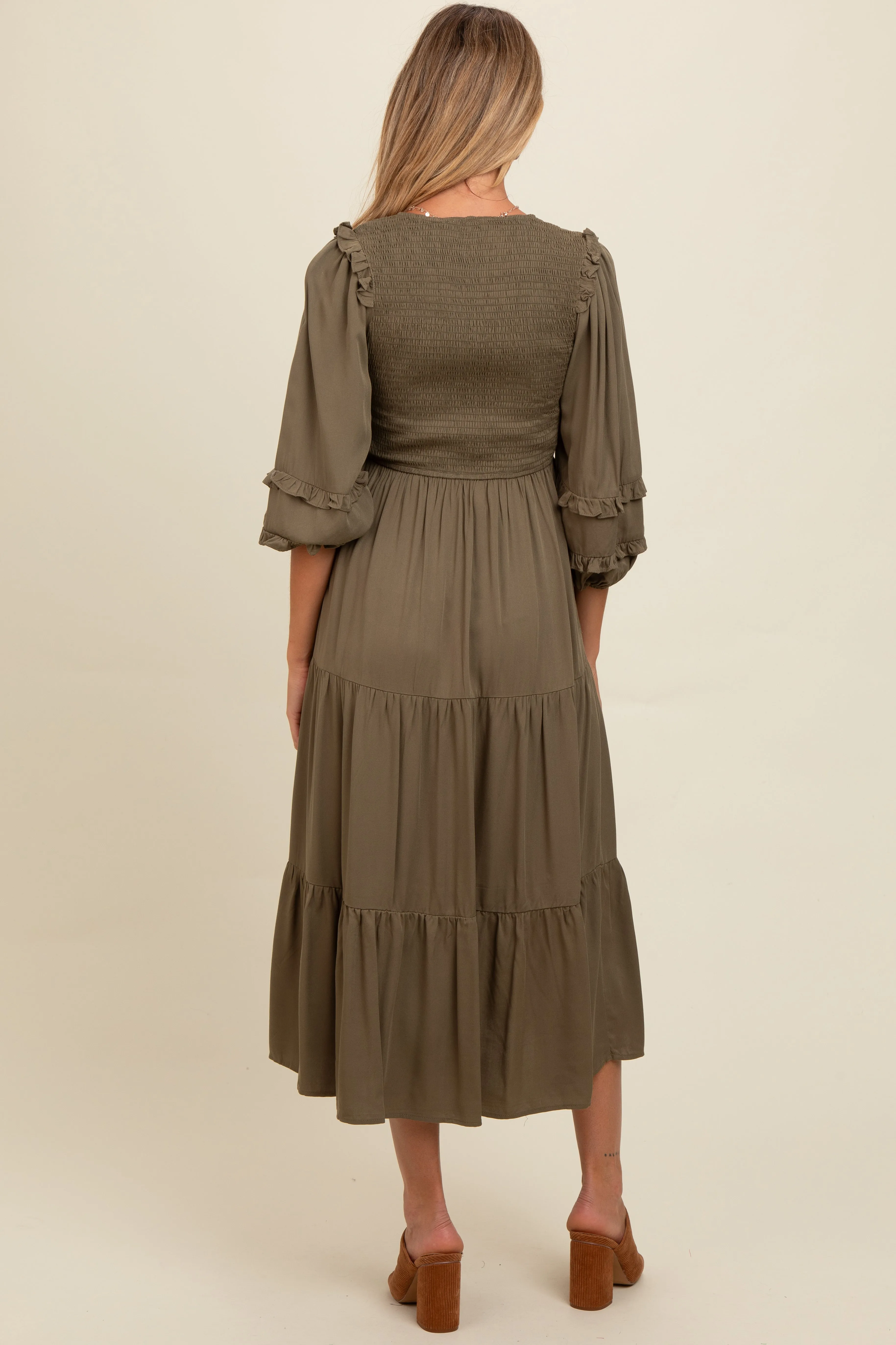 Olive Smocked Ruffle Shoulder Tiered Maternity Midi Dress sold by Pinkblush product image thumbnail 4