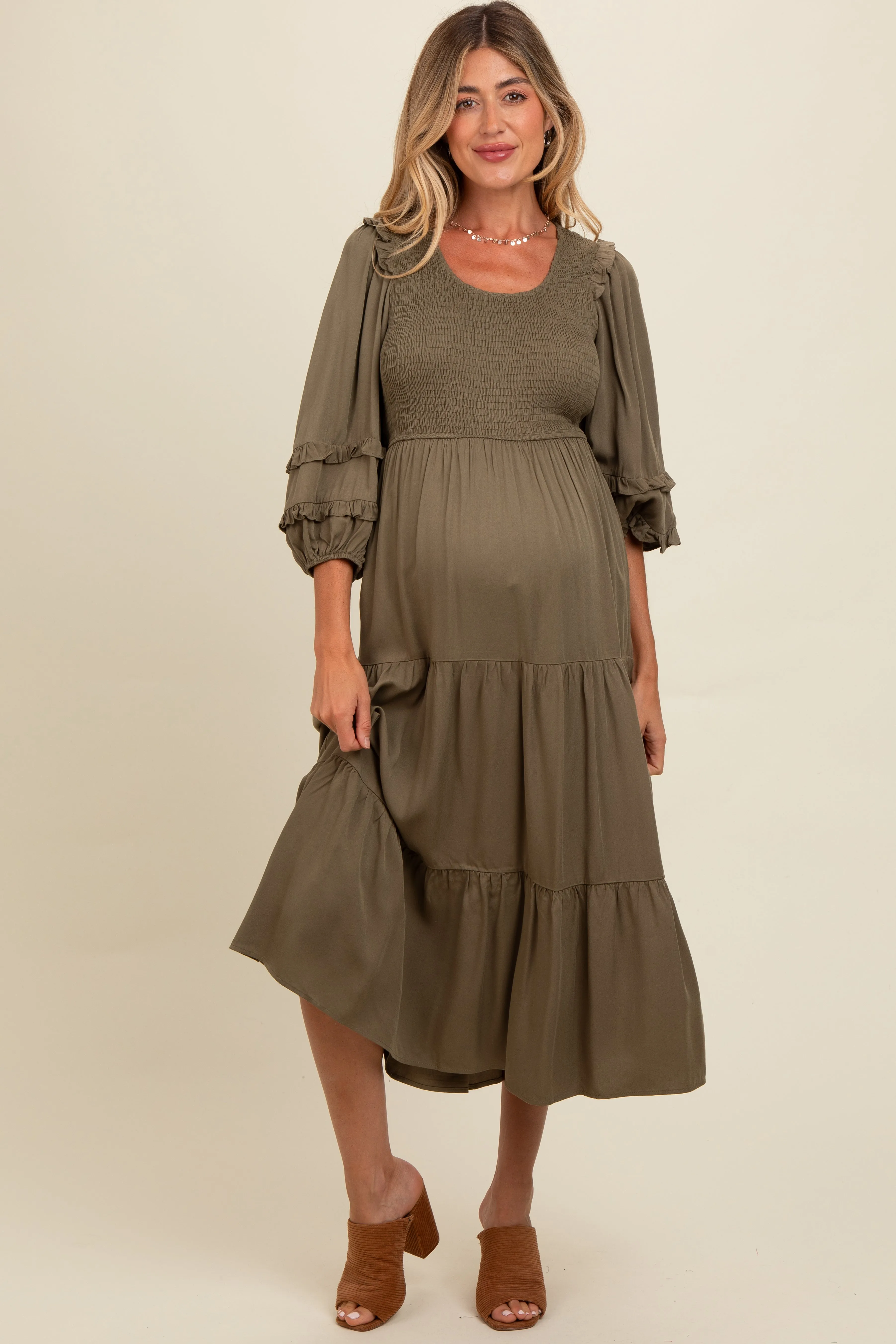 Olive Smocked Ruffle Shoulder Tiered Maternity Midi Dress sold by Pinkblush