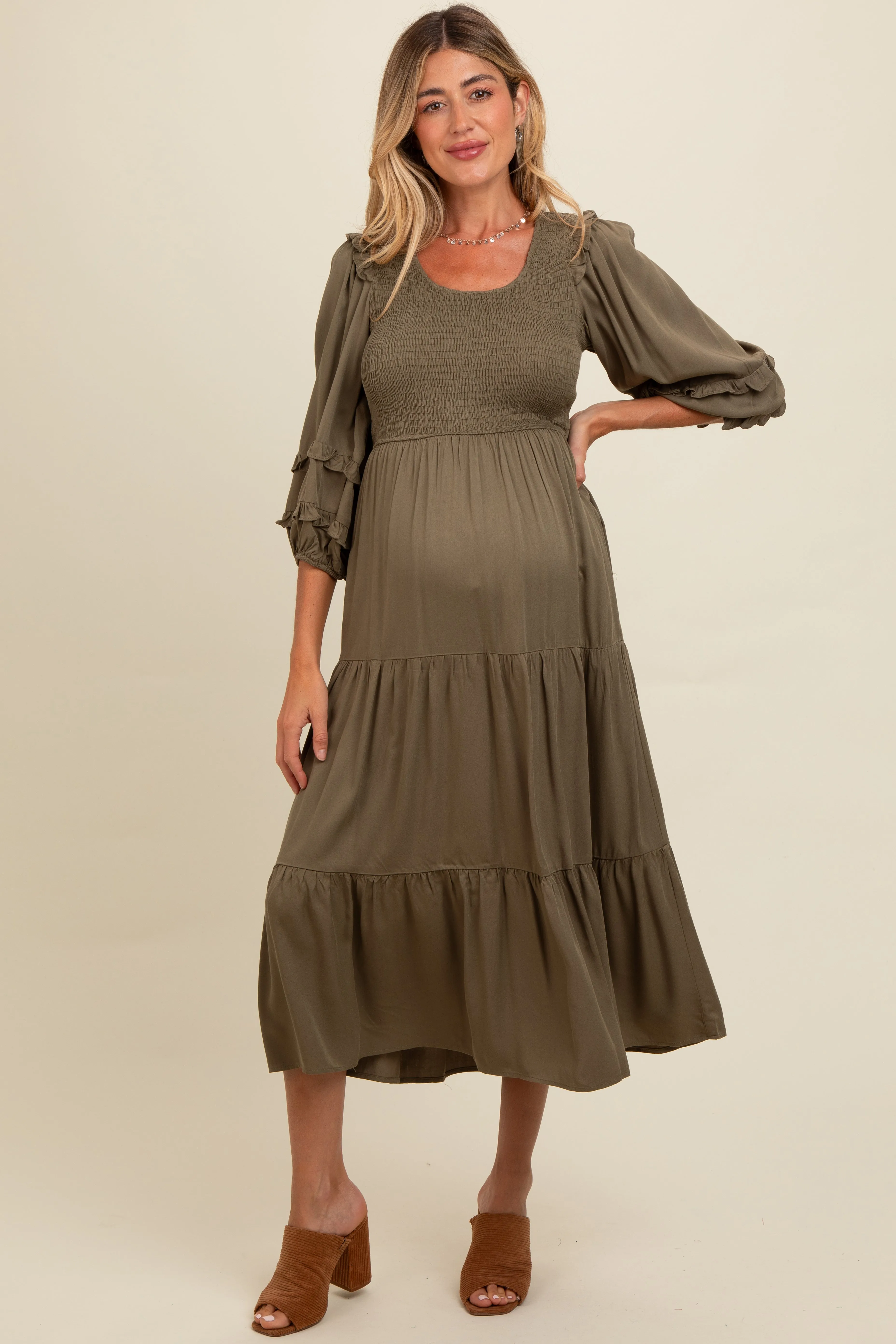 Olive Smocked Ruffle Shoulder Tiered Maternity Midi Dress sold by Pinkblush product image thumbnail 2