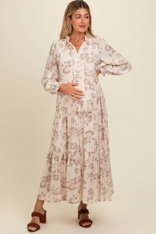 Mocha Floral Button Front Tiered Long Sleeve Maternity Maxi Dress sold by Pinkblush