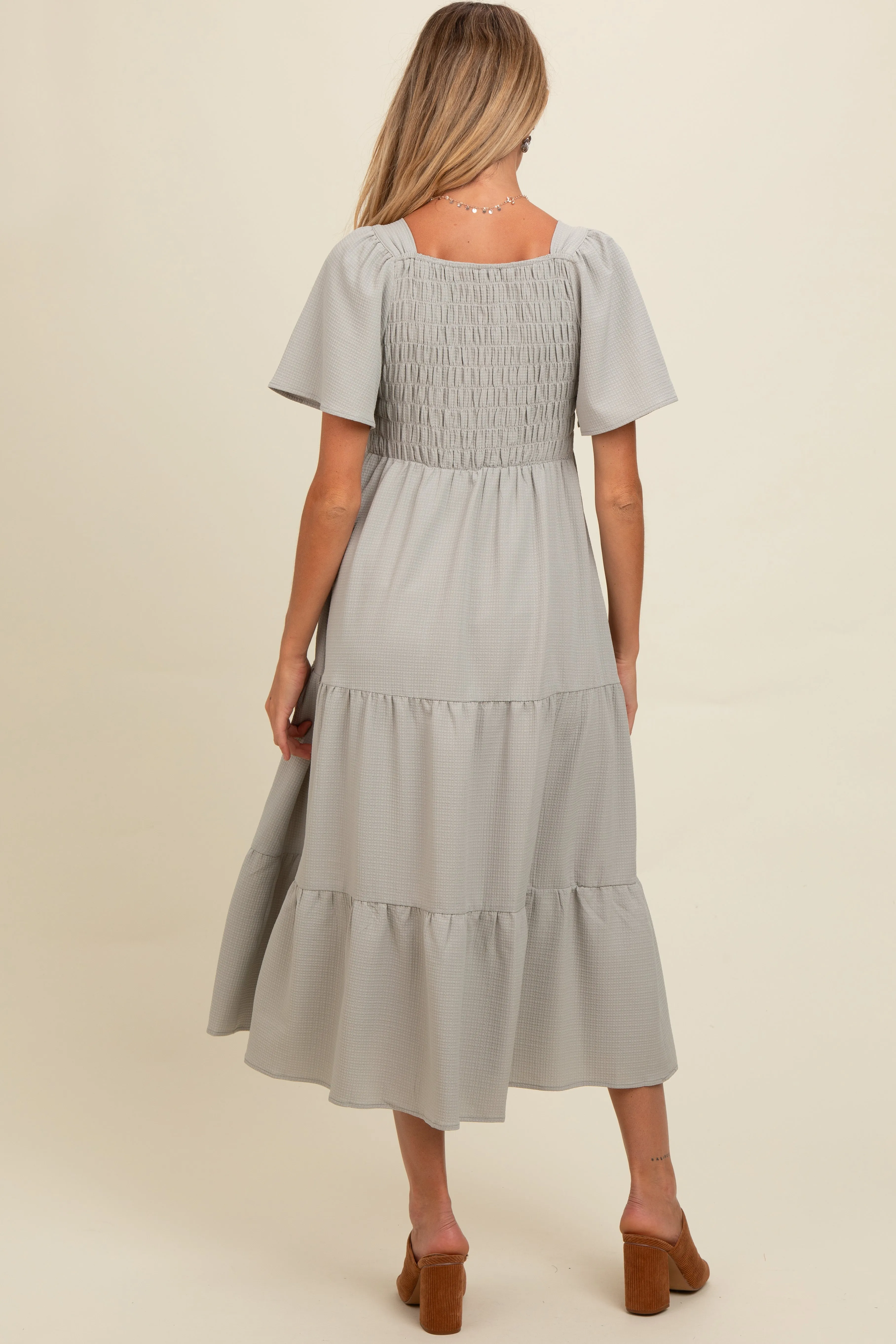 Light Olive Sweetheart Neck Short Puff Sleeve Tiered Maternity Midi Dress sold by Pinkblush product image thumbnail 4