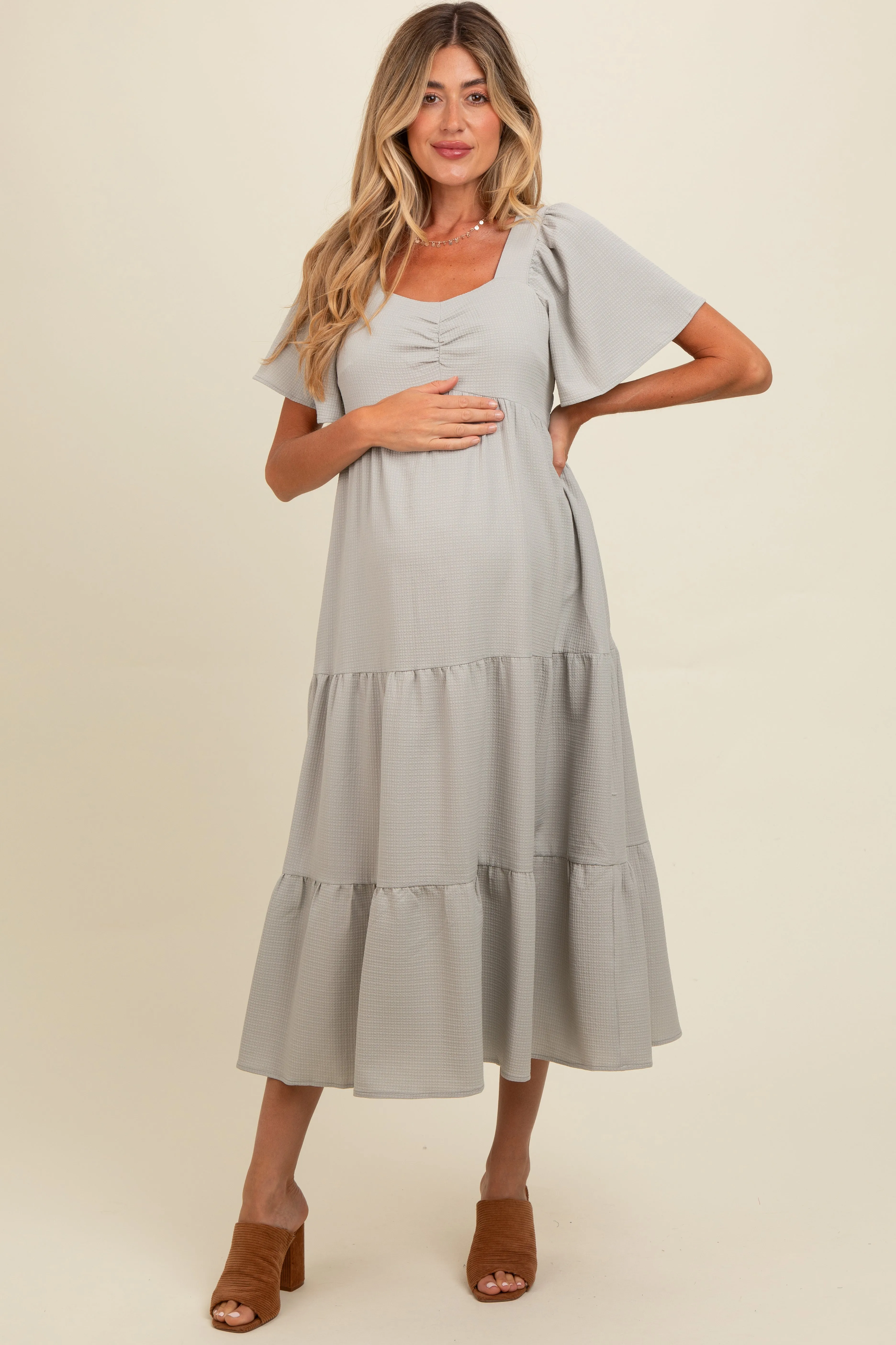Light Olive Sweetheart Neck Short Puff Sleeve Tiered Maternity Midi Dress sold by Pinkblush product image thumbnail 2