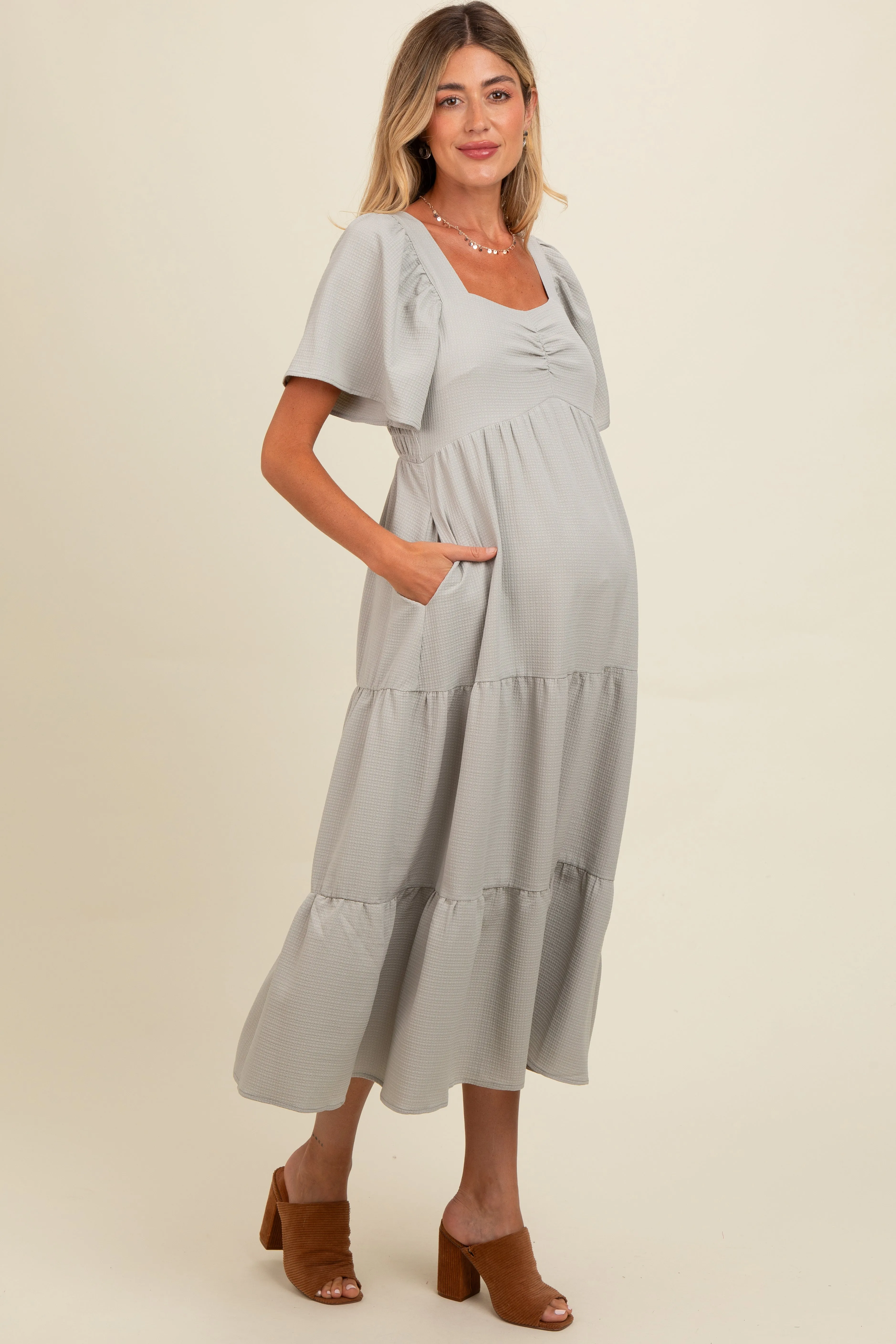Light Olive Sweetheart Neck Short Puff Sleeve Tiered Maternity Midi Dress sold by Pinkblush product image thumbnail 3