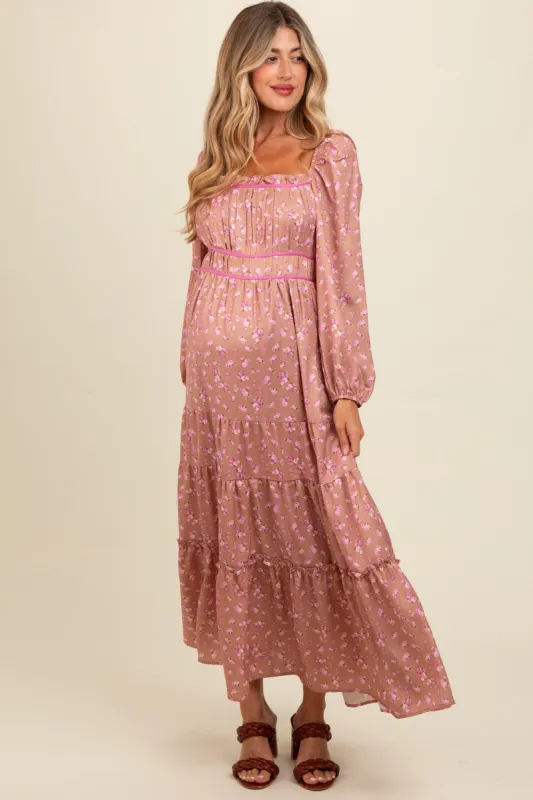 Mauve Satin Floral Pleated Tiered Maternity Maxi Dress sold by Pinkblush