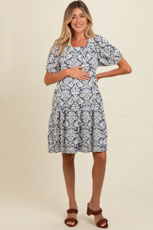 Navy Jacquard Damask Print Maternity Dress sold by Pinkblush