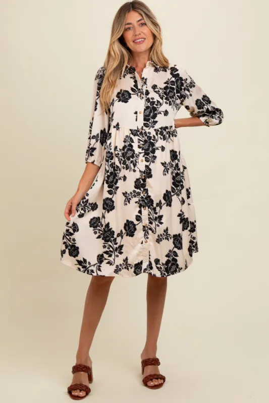 Cream Floral Button Down Collared Maternity Dress sold by Pinkblush