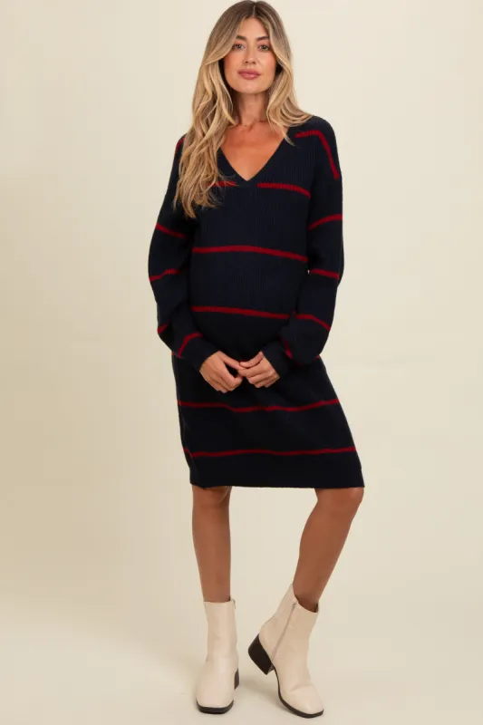 Navy Striped Oversized Maternity Sweater Dress sold by Pinkblush