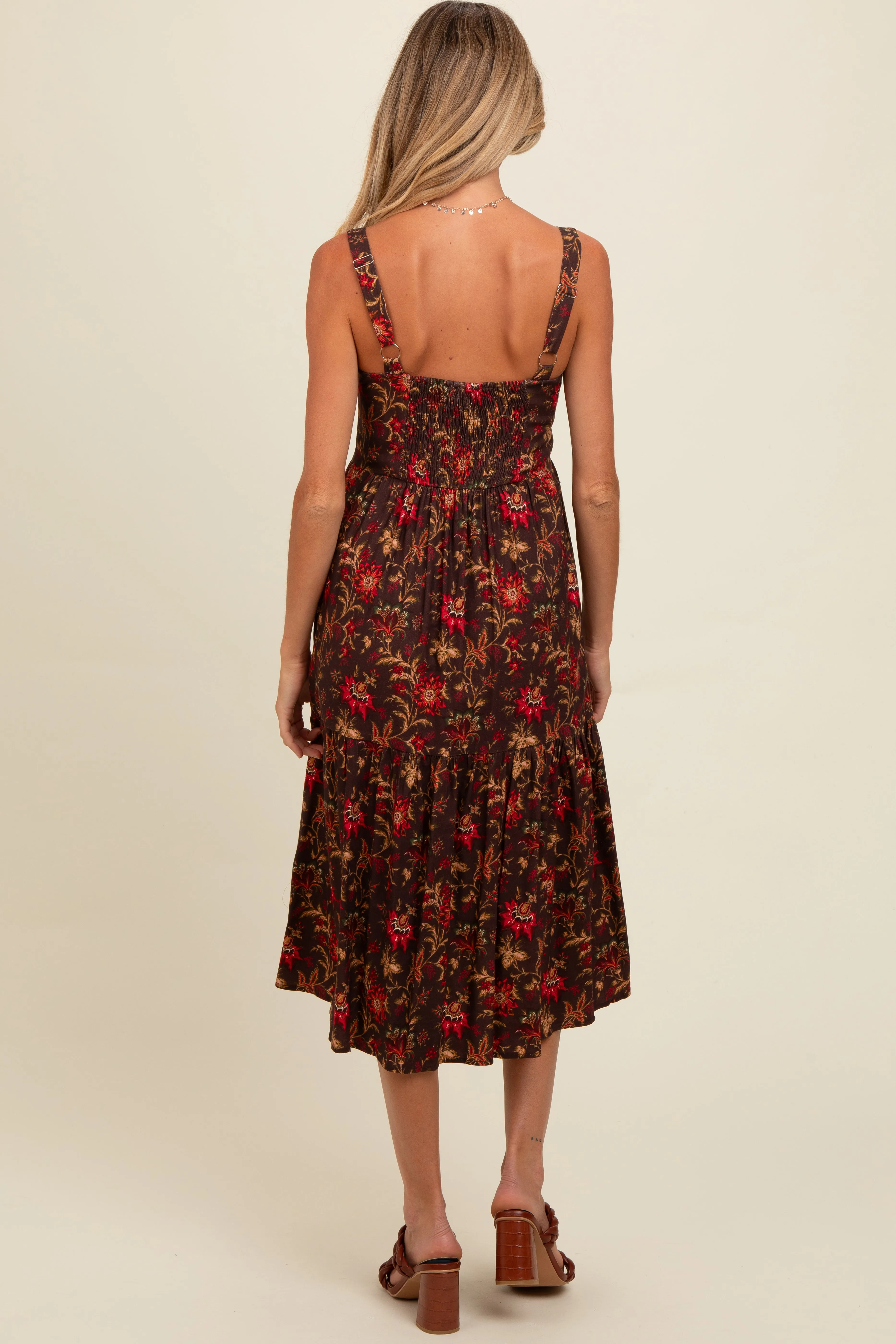Brown Floral Sweetheart Neck Button Down Maternity Midi Dress sold by Pinkblush product image thumbnail 4