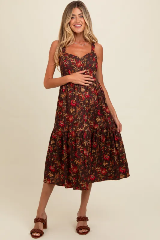 Brown Floral Sweetheart Neck Button Down Maternity Midi Dress sold by Pinkblush
