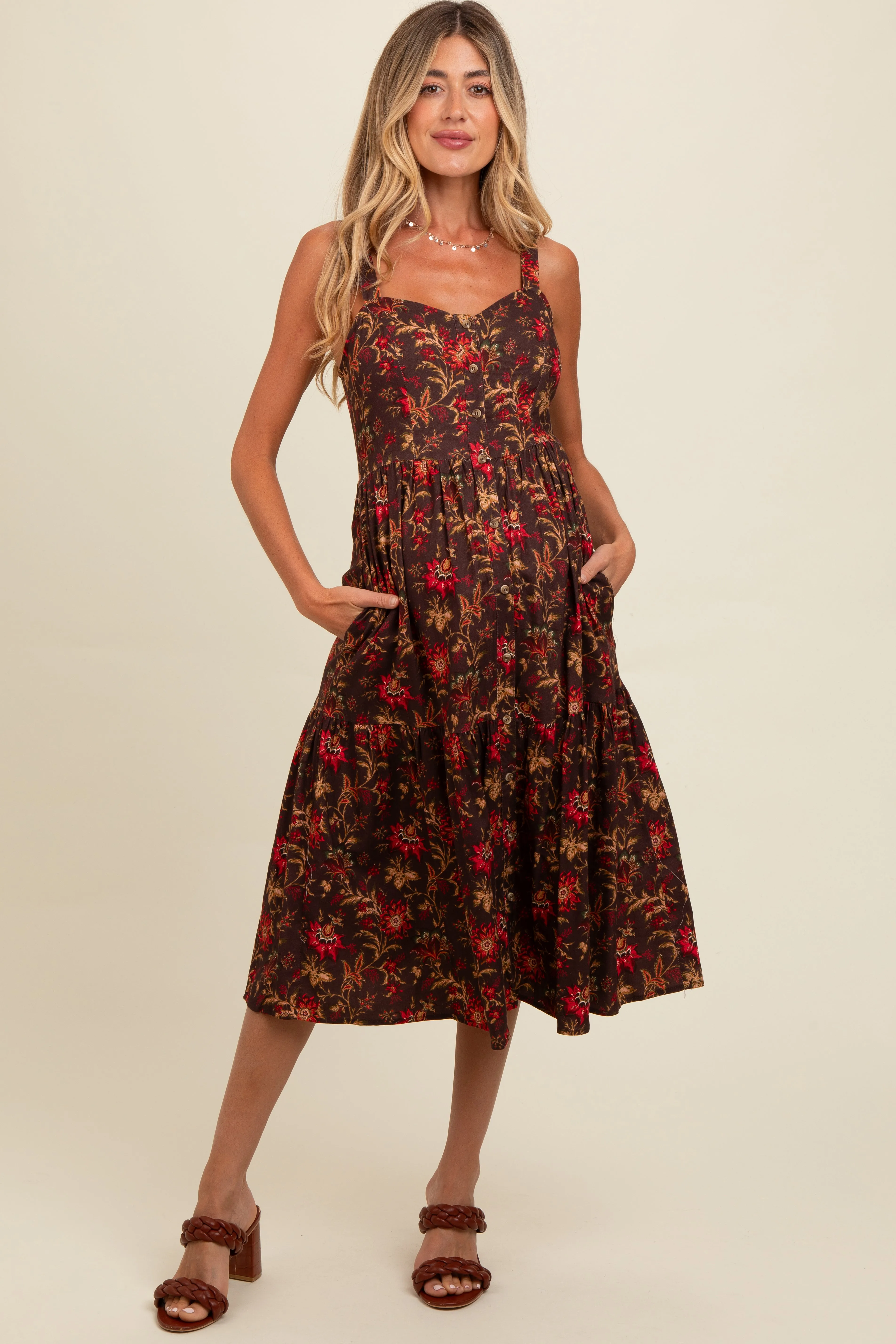 Brown Floral Sweetheart Neck Button Down Maternity Midi Dress sold by Pinkblush product image thumbnail 2
