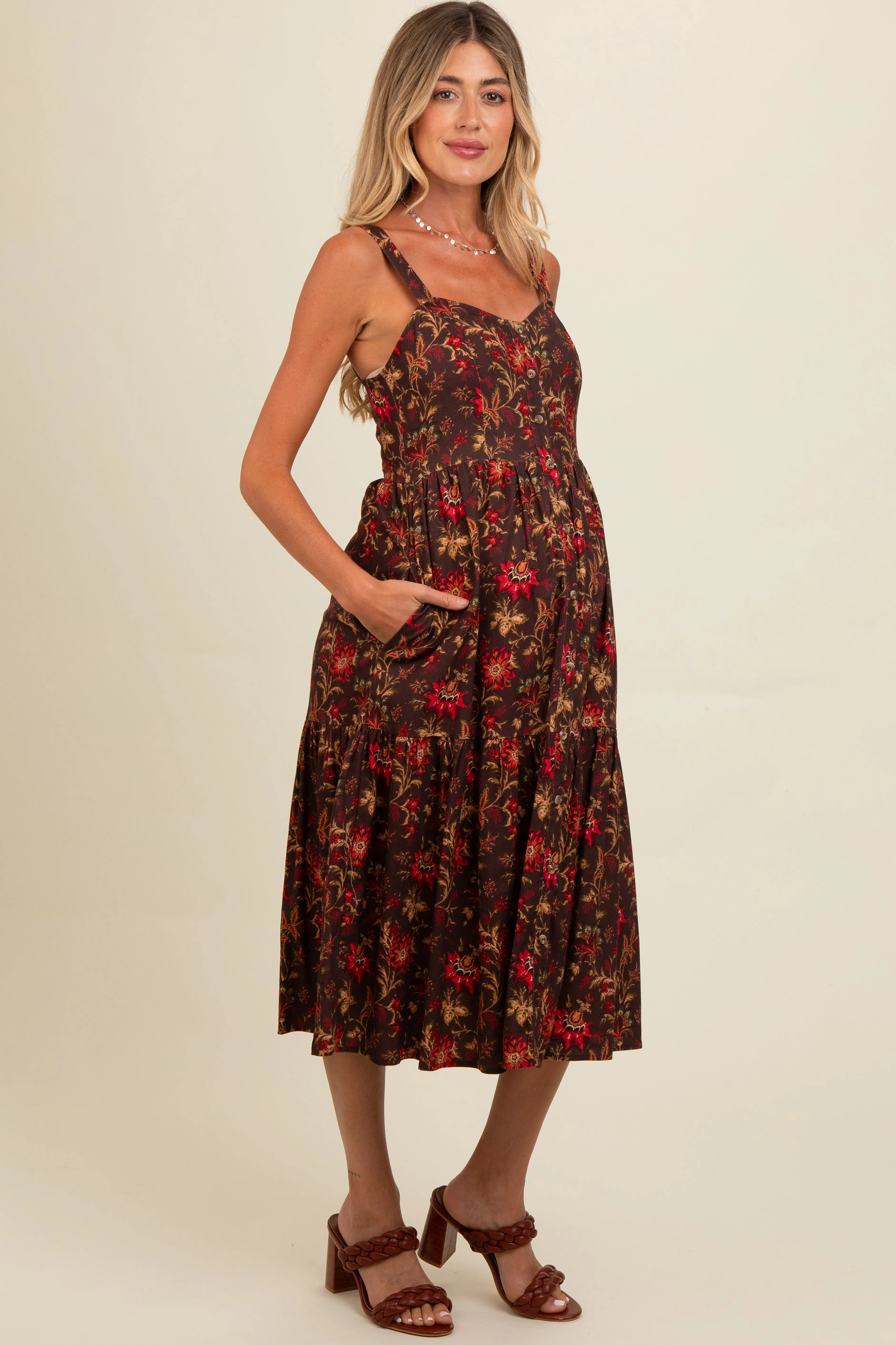 Brown Floral Sweetheart Neck Button Down Maternity Midi Dress sold by Pinkblush product image thumbnail 3