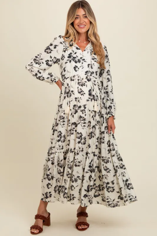 Black Floral Button Front Tiered Long Sleeve Maternity Maxi Dress sold by Pinkblush