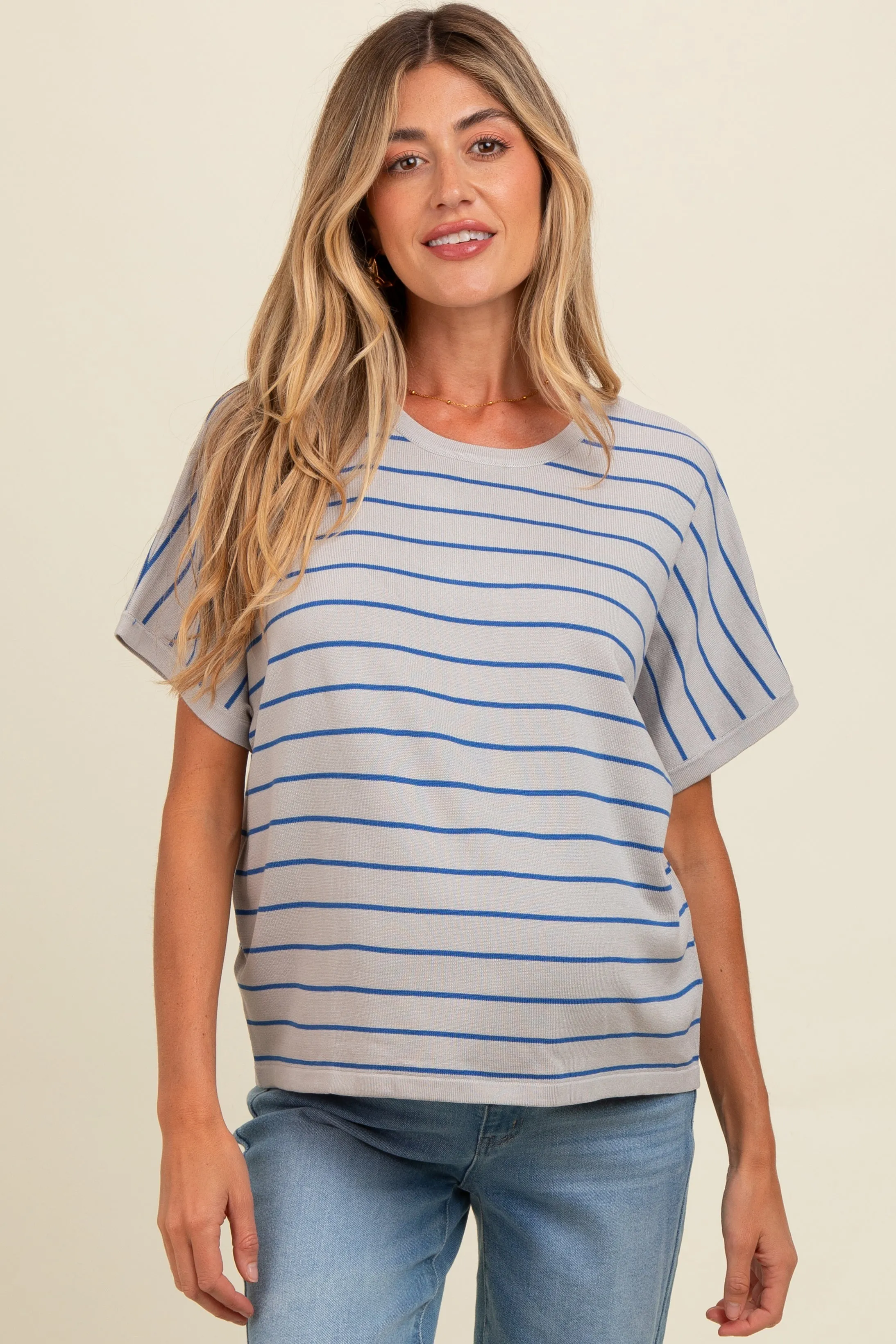 Grey Striped Boxy Short Sleeve Maternity Top sold by Pinkblush