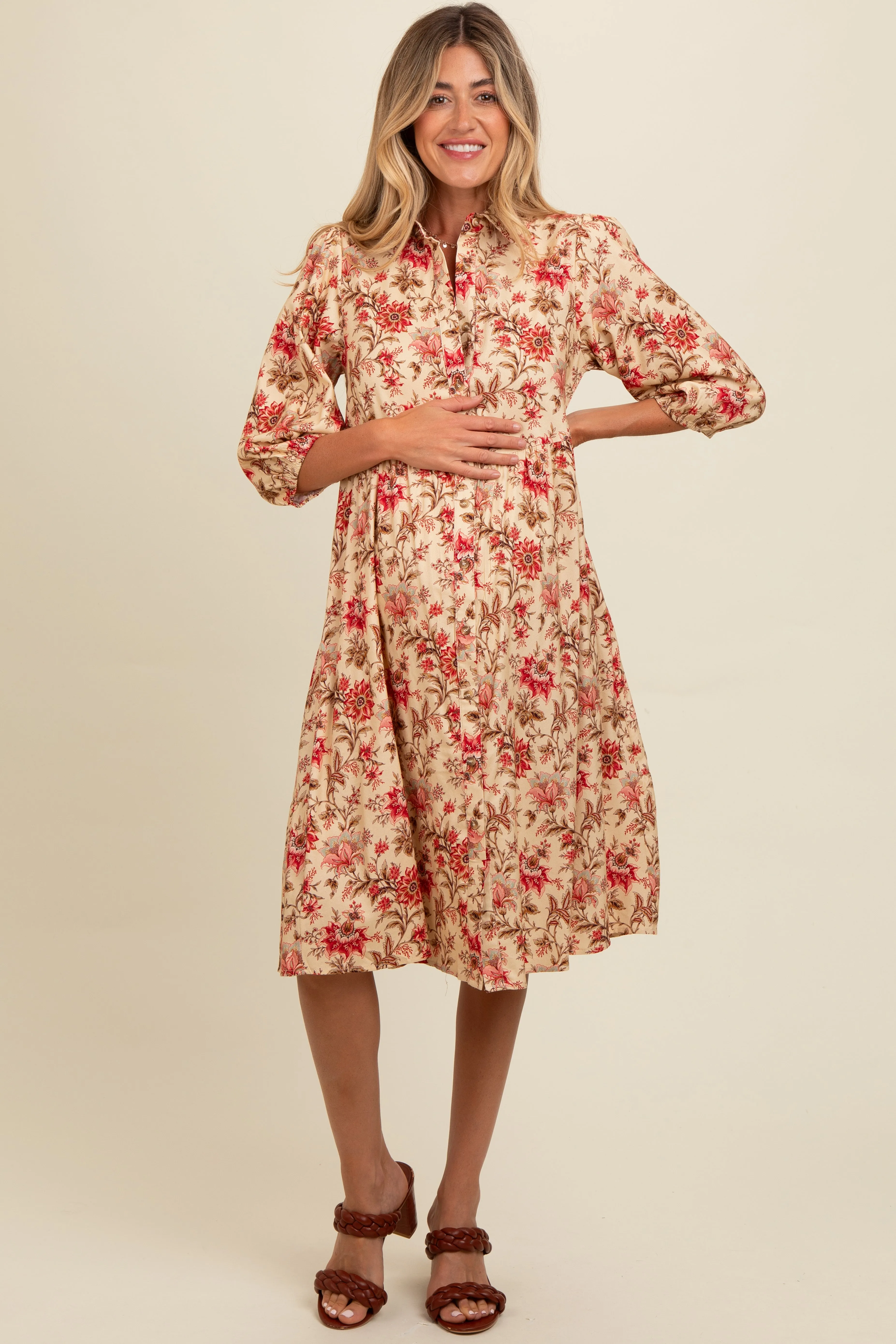 Cream Floral Button Down Maternity Midi Dress sold by Pinkblush
