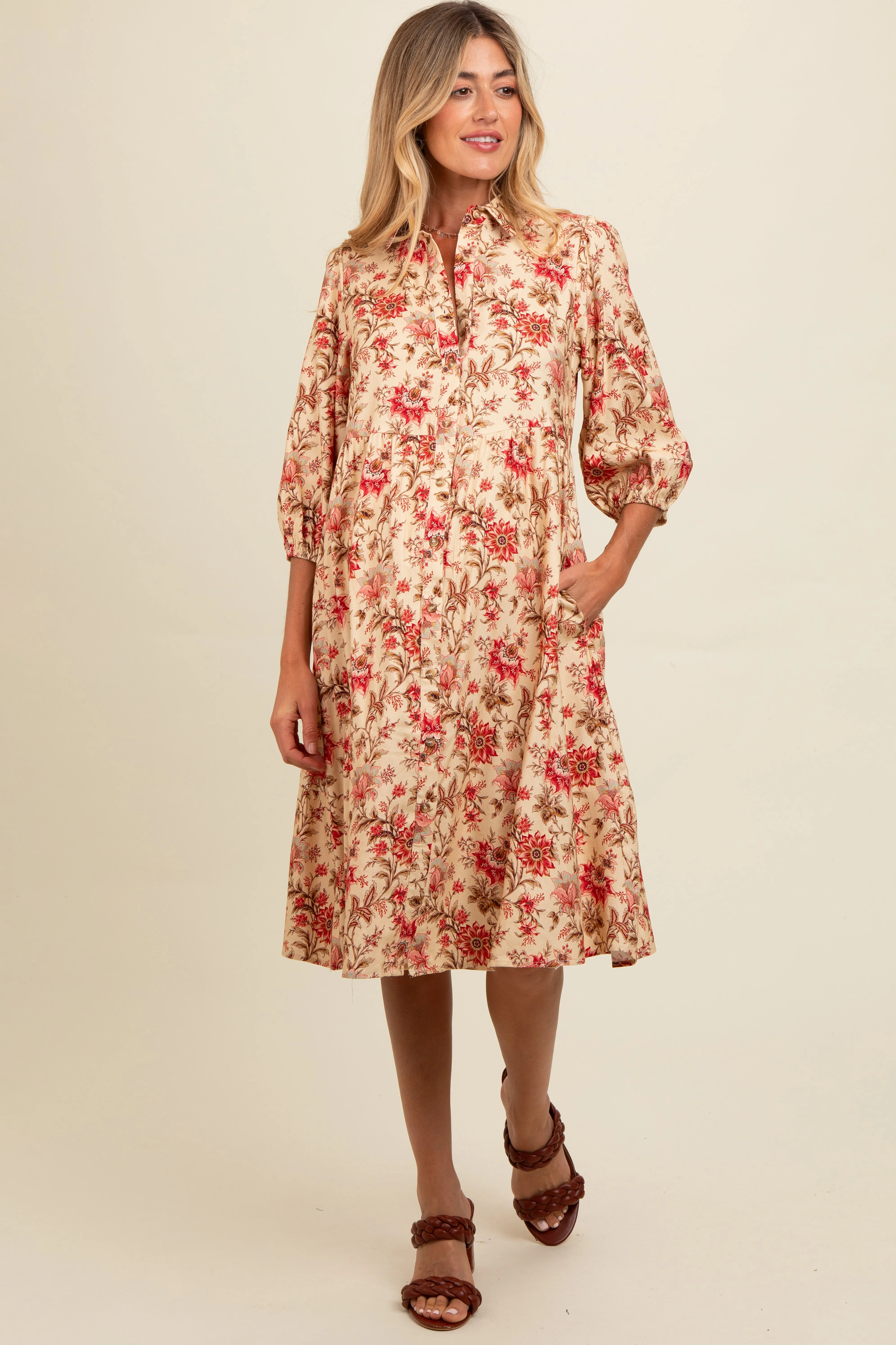 Cream Floral Button Down Maternity Midi Dress sold by Pinkblush product image thumbnail 2