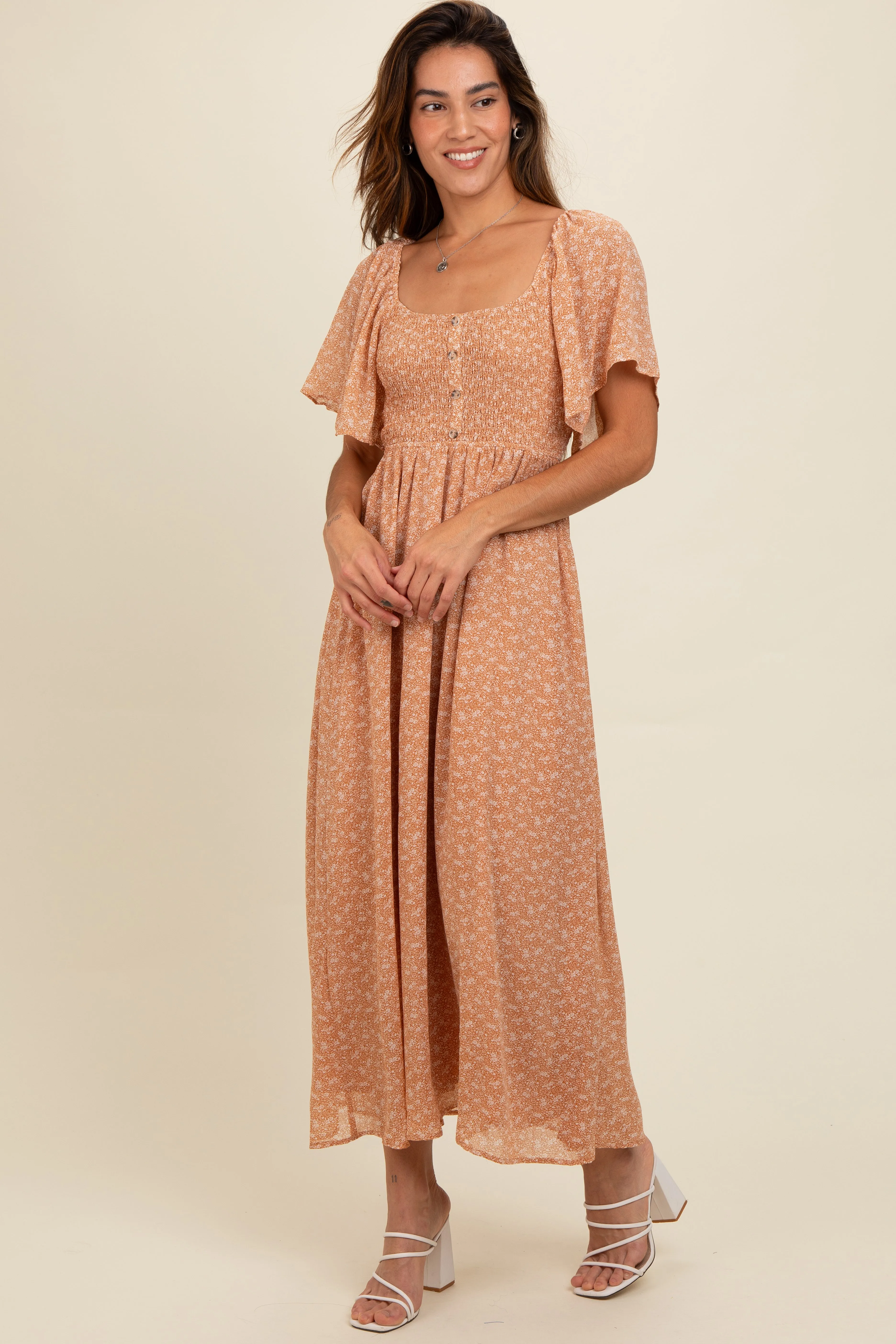 Peach Floral Smocked Button Accent Maxi Dress sold by Pinkblush product image thumbnail 2