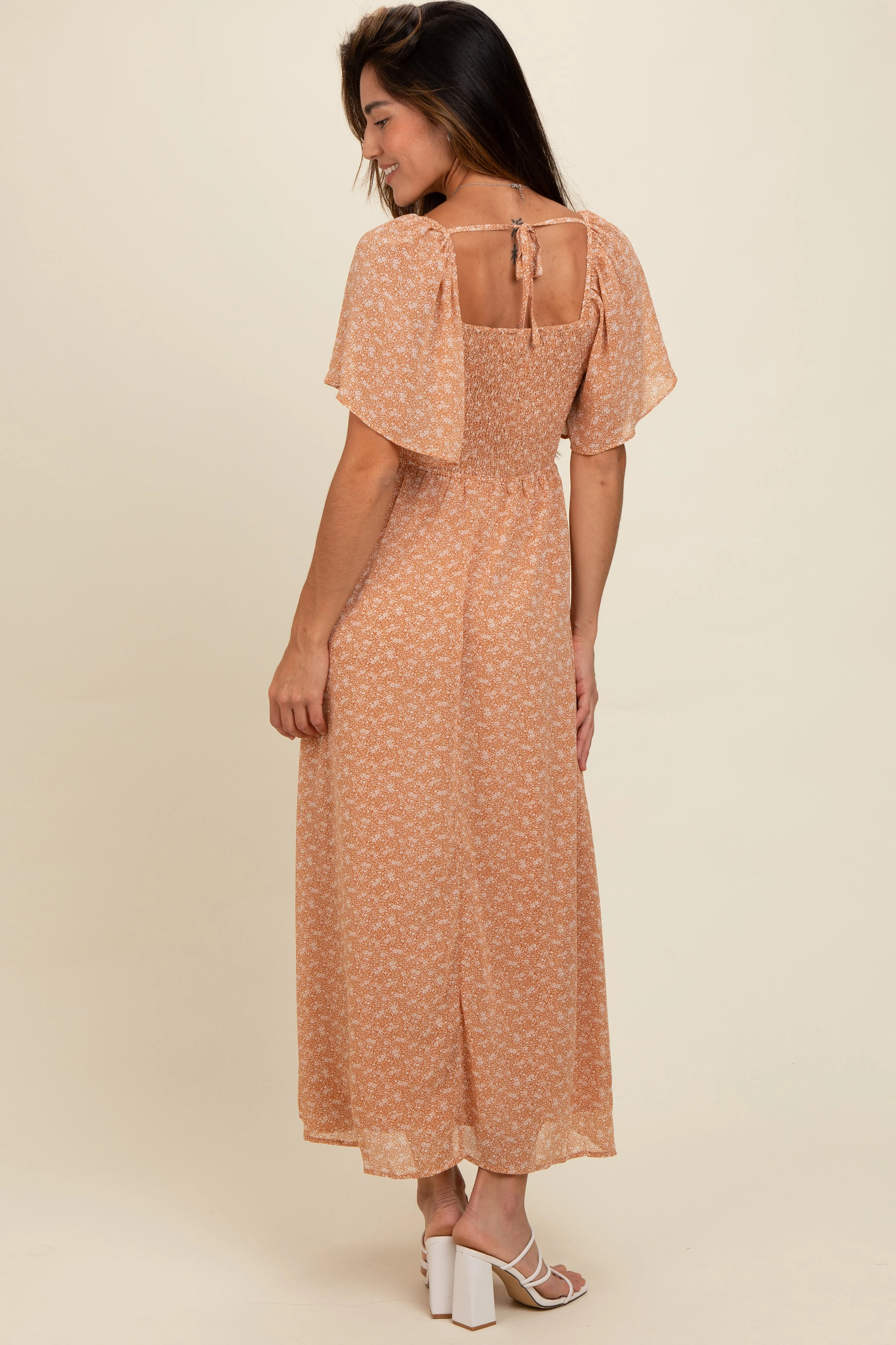 Peach Floral Smocked Button Accent Maxi Dress sold by Pinkblush product image thumbnail 4