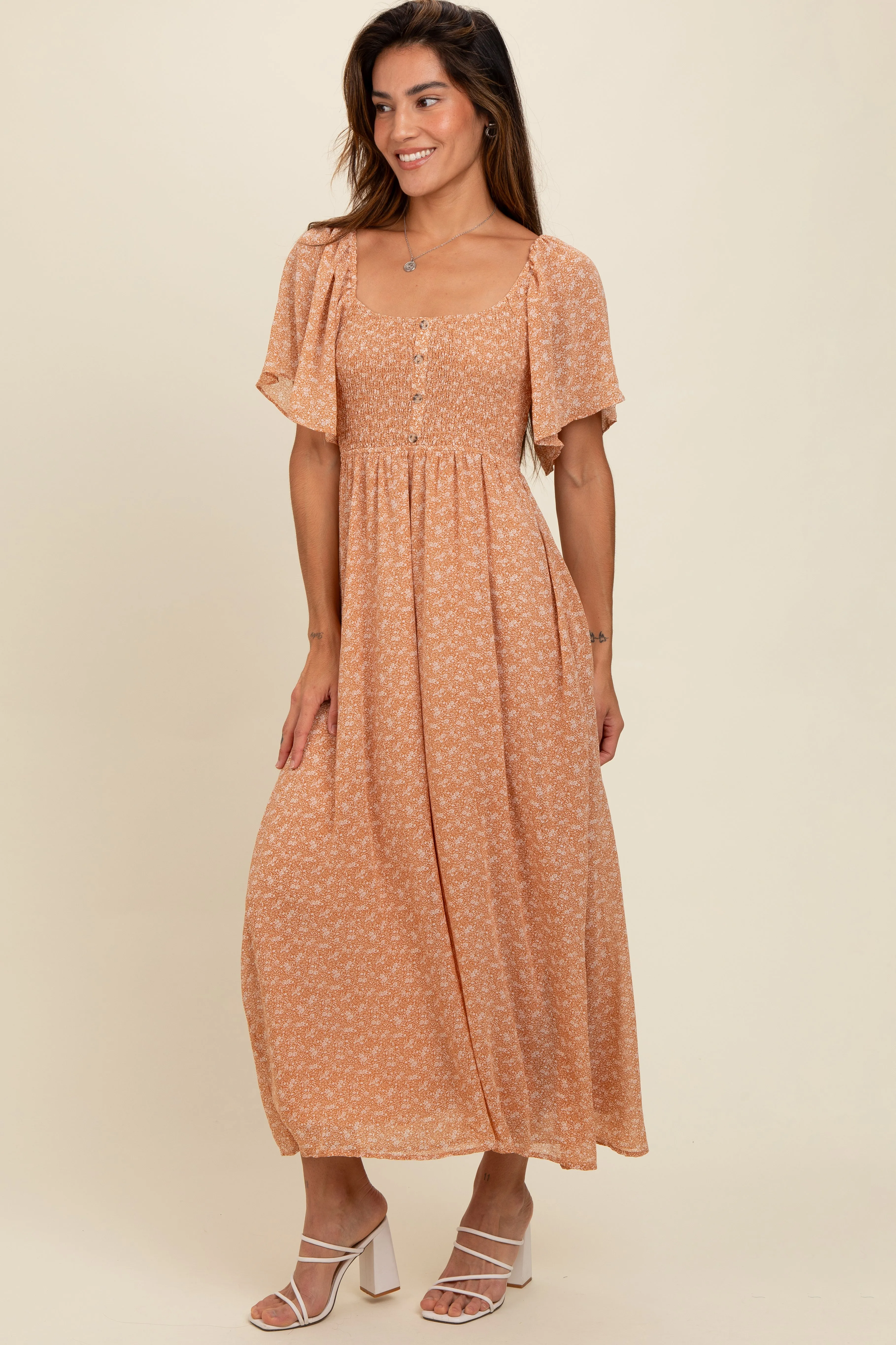 Peach Floral Smocked Button Accent Maxi Dress sold by Pinkblush