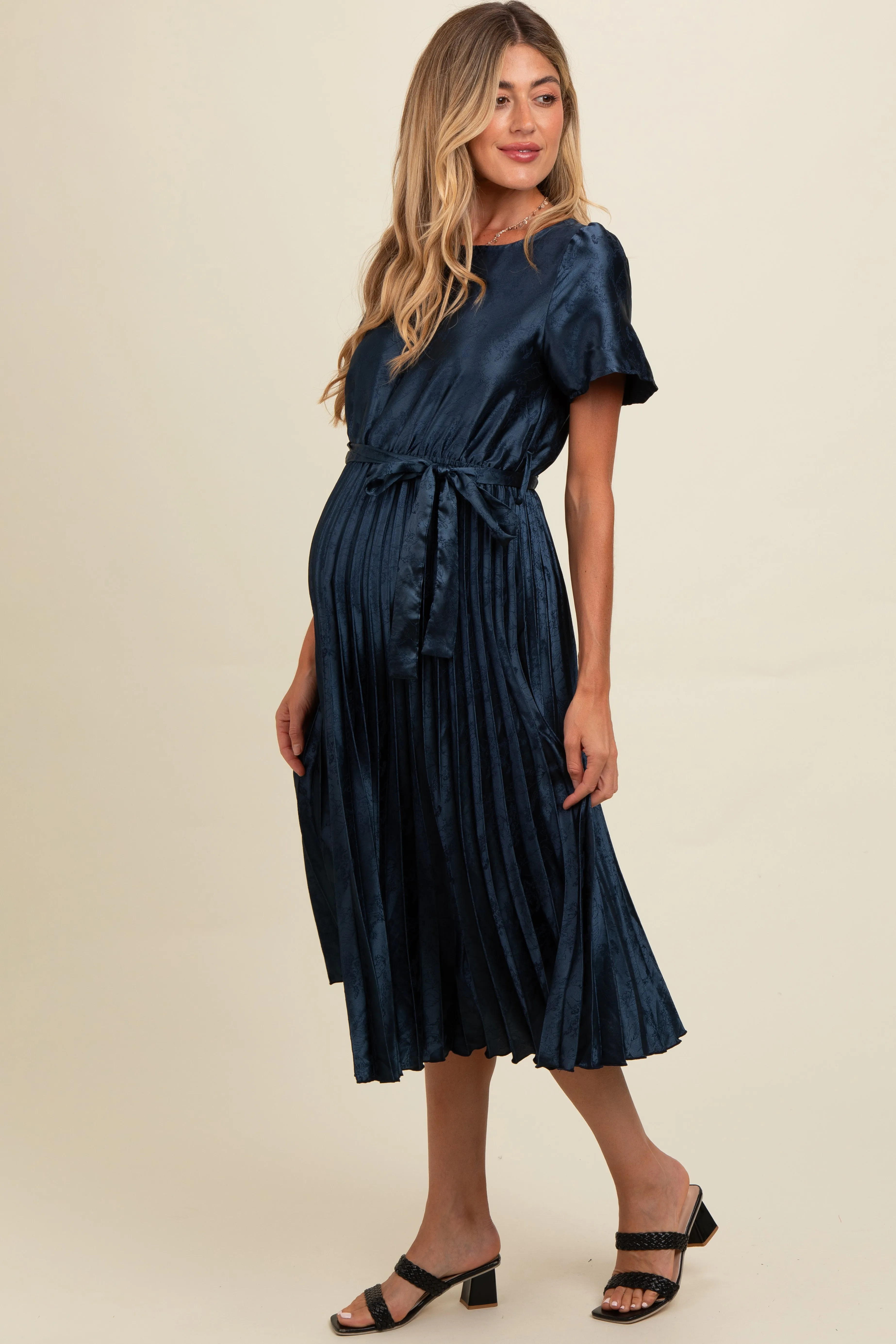 Navy Satin Pleated Sash Tie Maternity Midi Dress sold by Pinkblush product image thumbnail 3