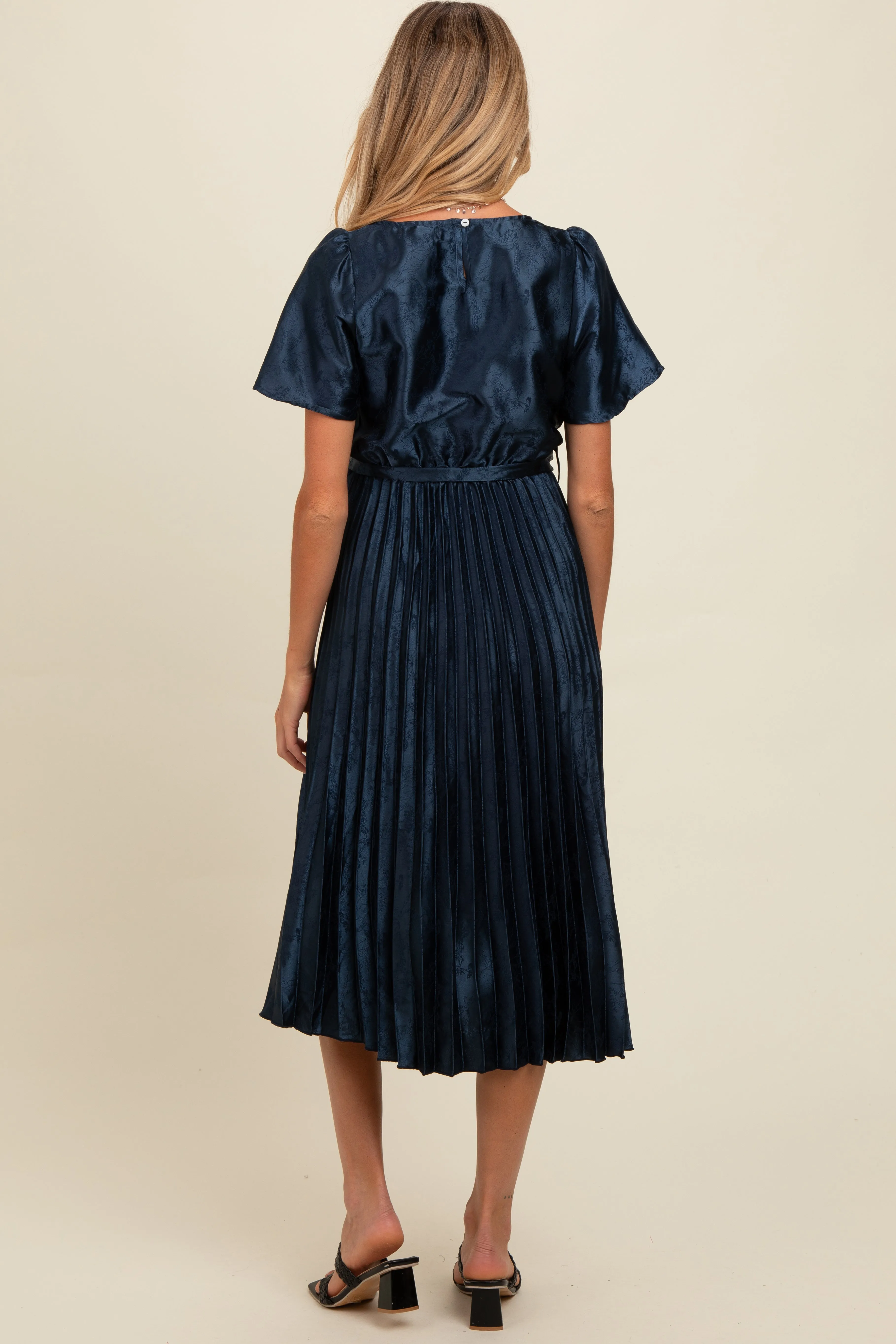 Navy Satin Pleated Sash Tie Maternity Midi Dress sold by Pinkblush product image thumbnail 4