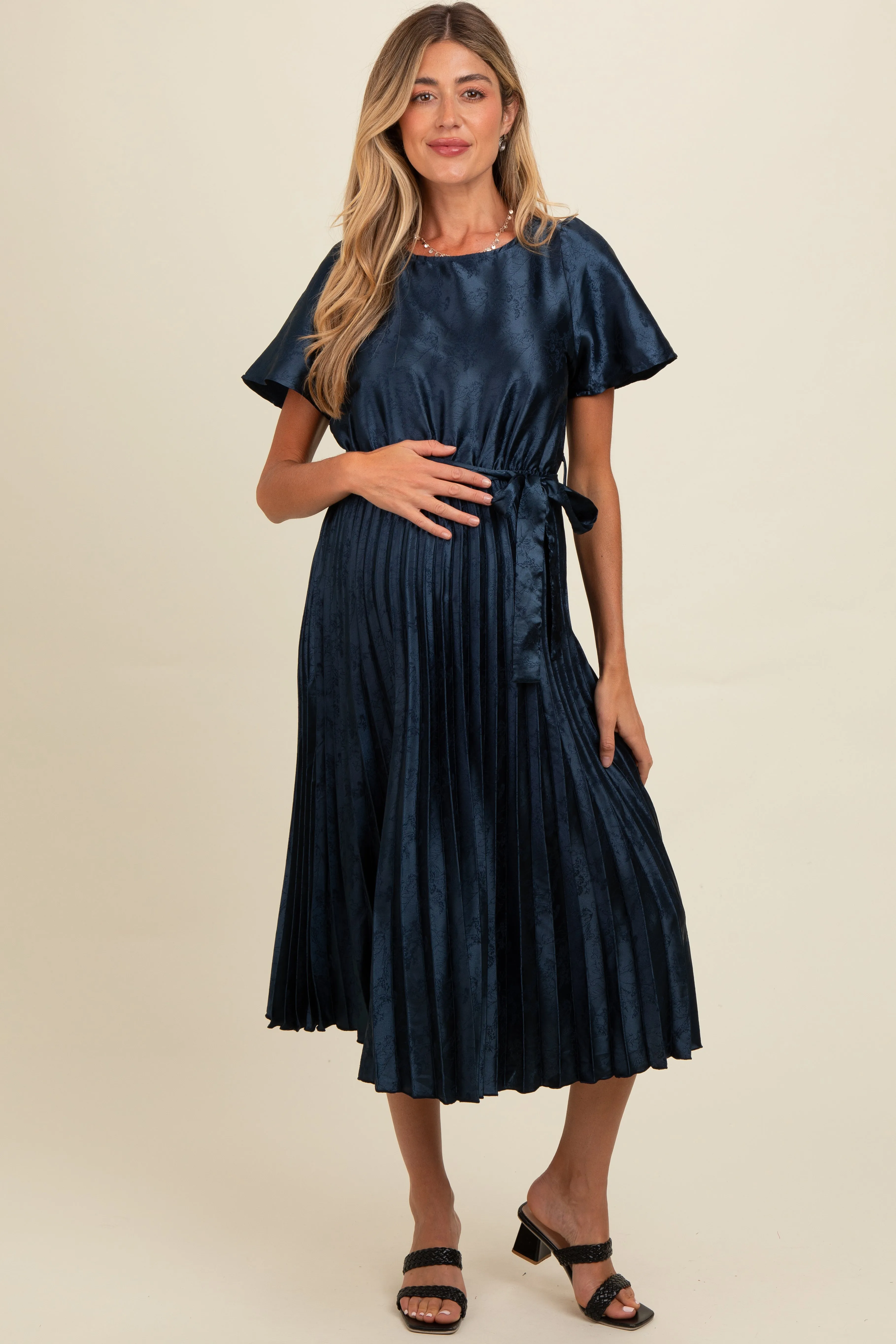 Navy Satin Pleated Sash Tie Maternity Midi Dress sold by Pinkblush product image thumbnail 2