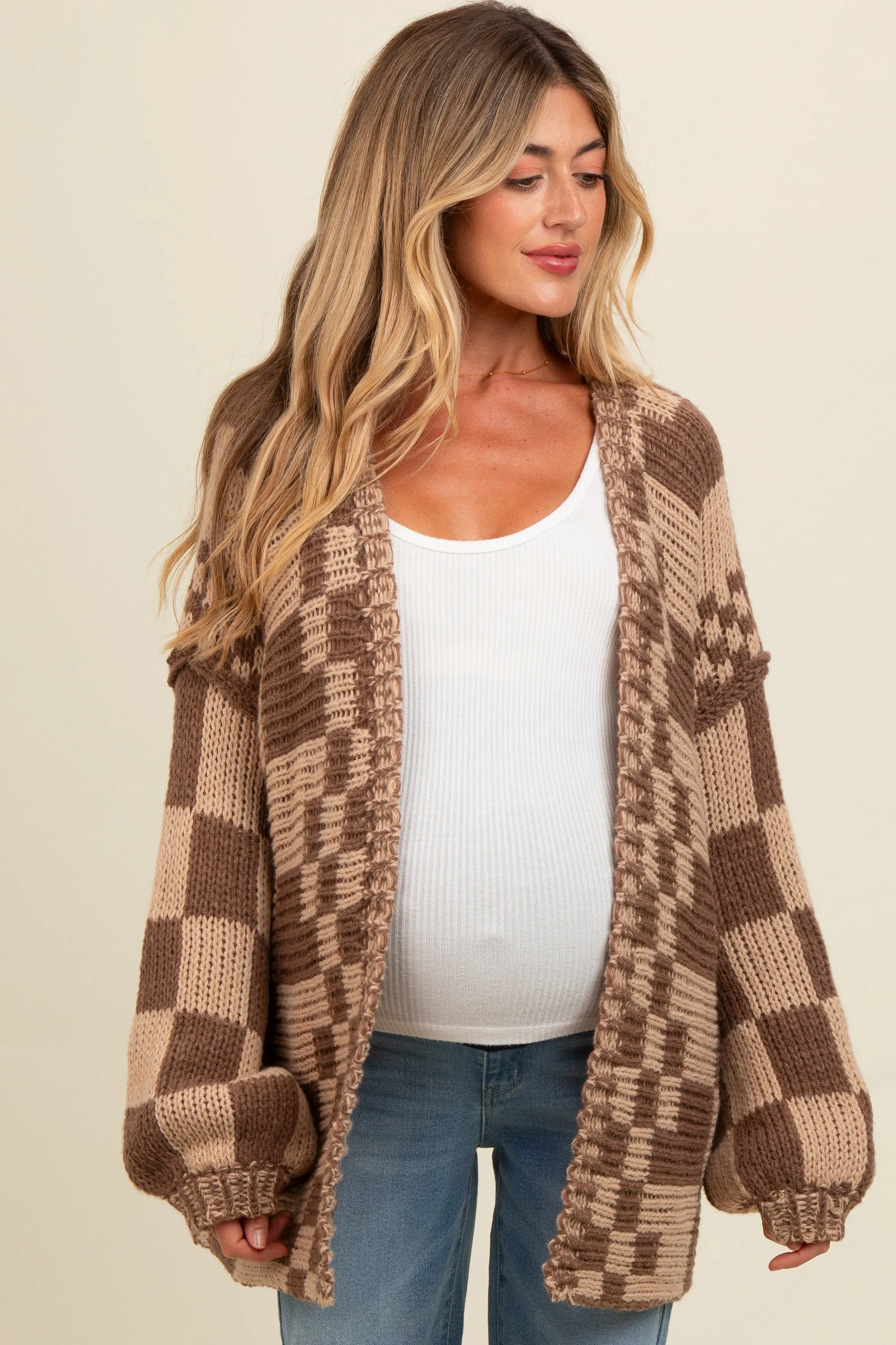 Brown Mixed Check Pattern Chunky Maternity Cardigan sold by Pinkblush