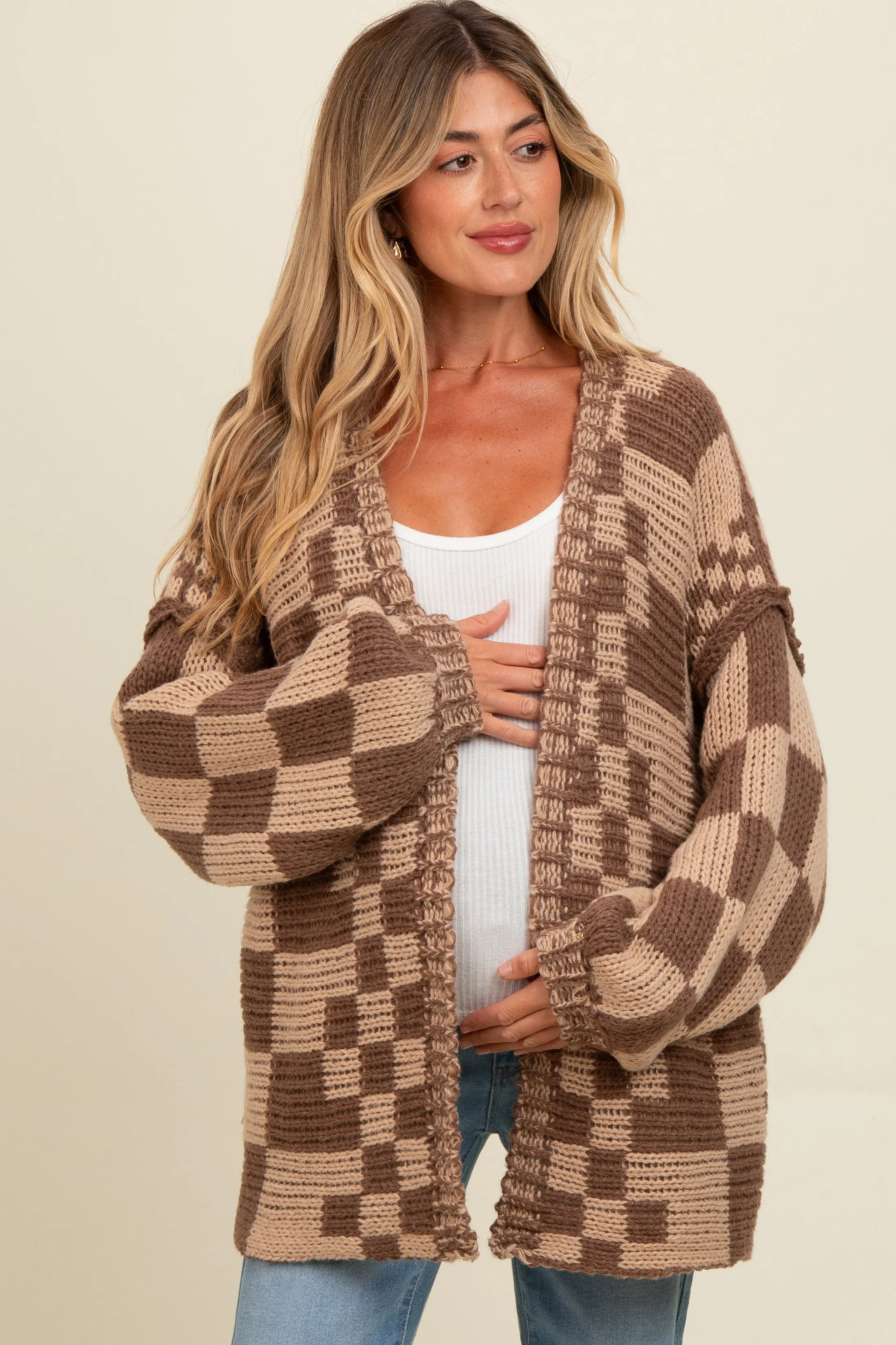 Brown Mixed Check Pattern Chunky Maternity Cardigan sold by Pinkblush product image thumbnail 2