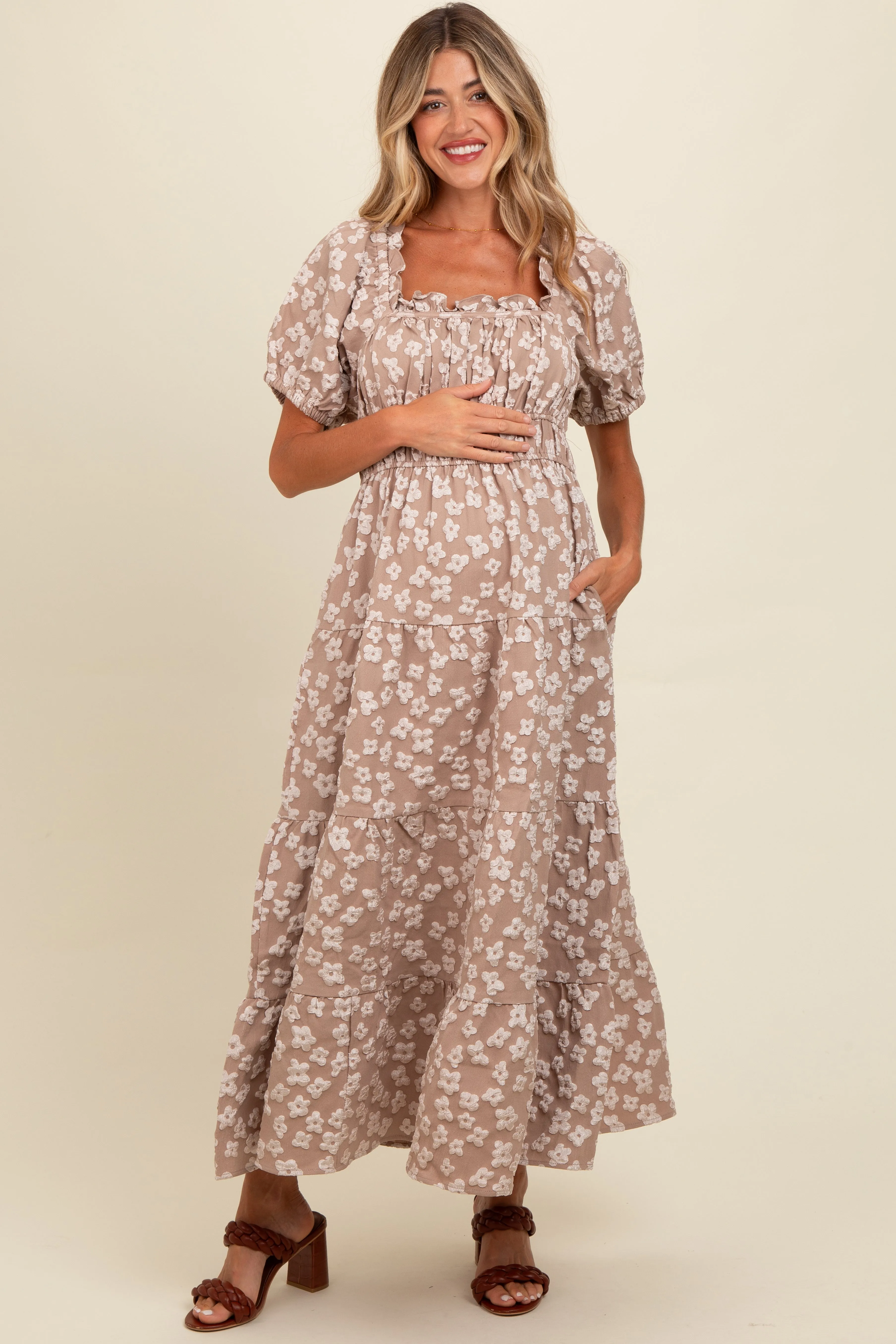 Light Mocha Floral Applique Tiered Maternity Maxi Dress sold by Pinkblush