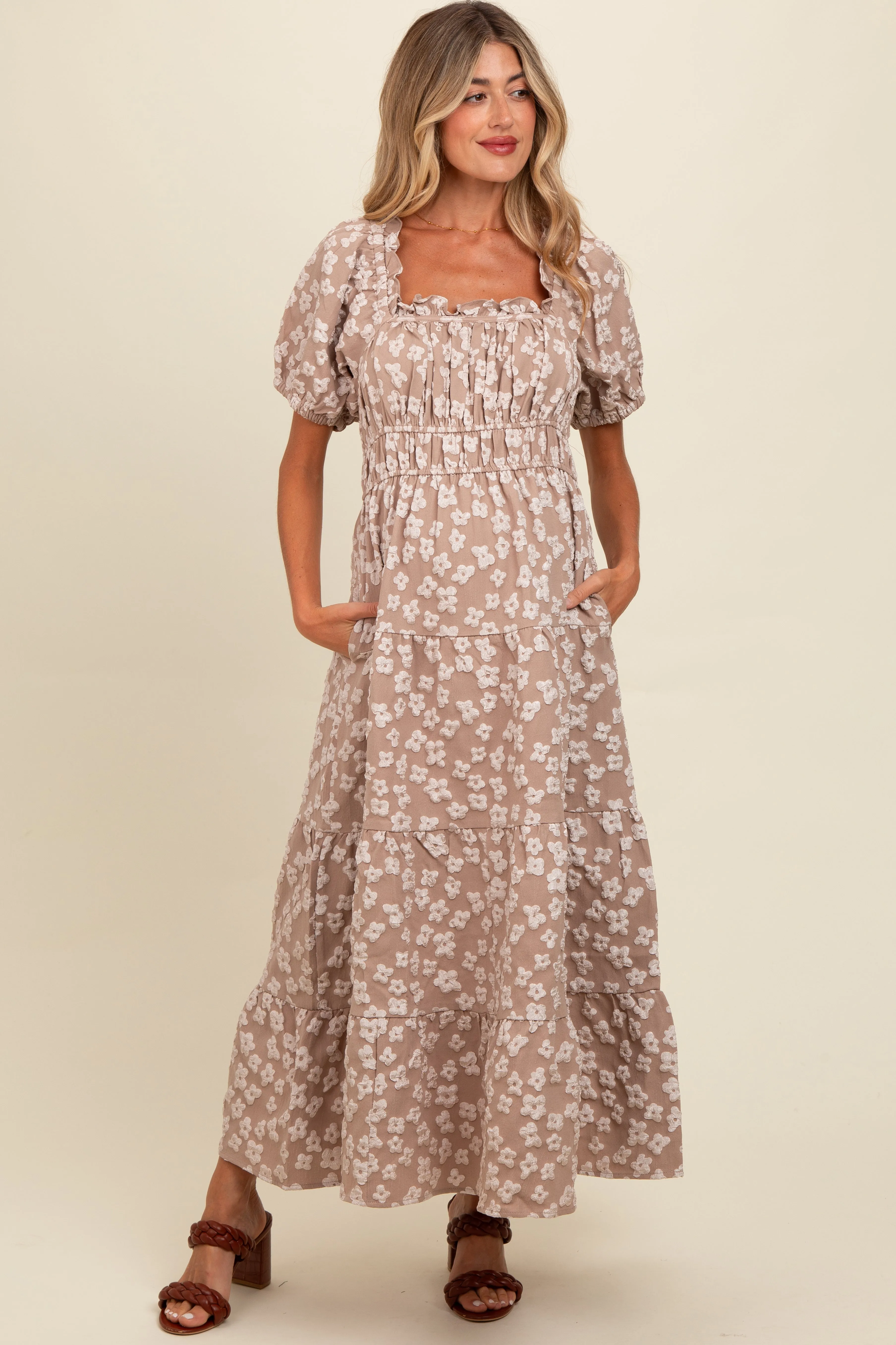 Light Mocha Floral Applique Tiered Maternity Maxi Dress sold by Pinkblush product image thumbnail 2