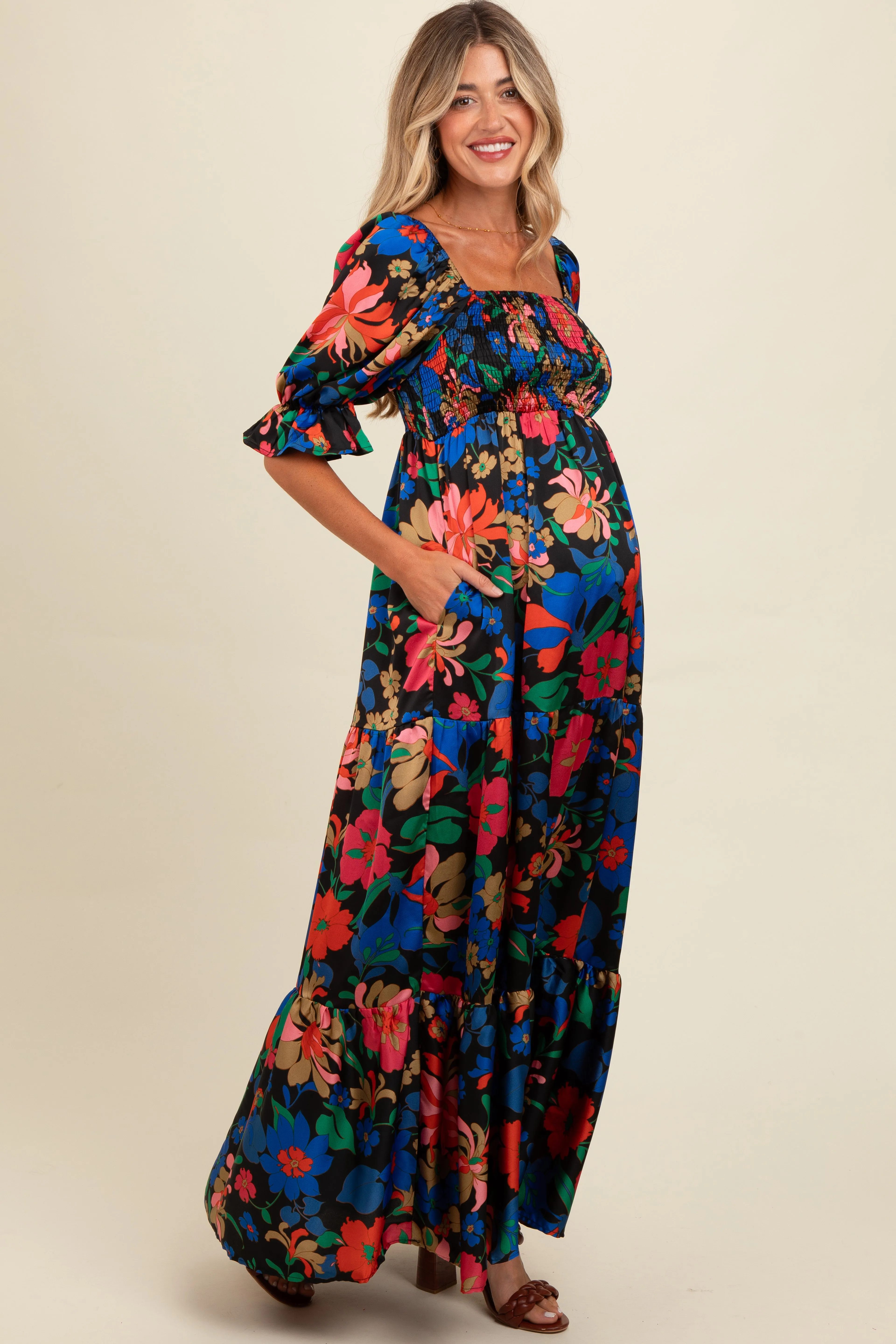 Black Floral Satin Smocked Tiered Maternity Maxi Dress sold by Pinkblush product image thumbnail 2