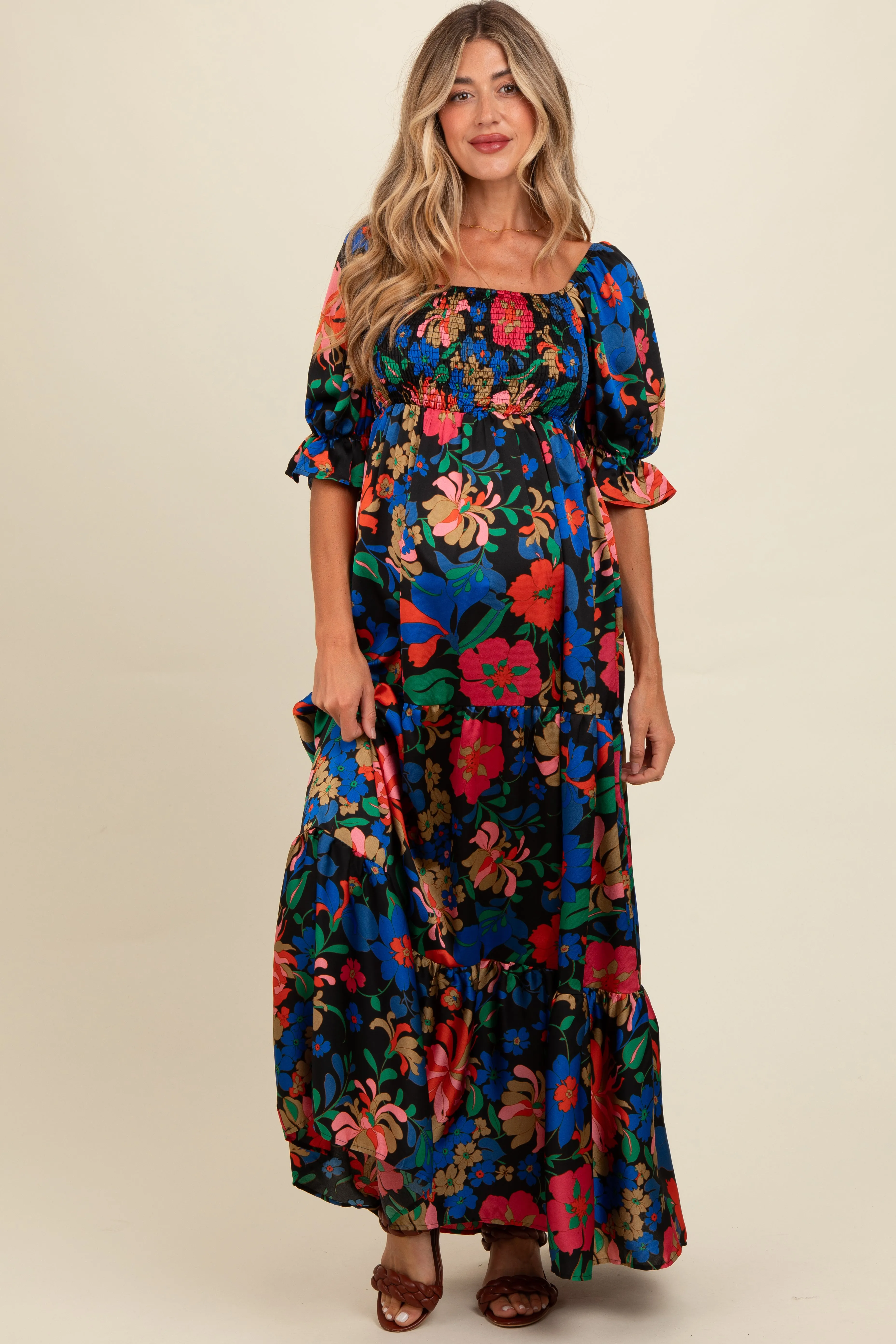 Black Floral Satin Smocked Tiered Maternity Maxi Dress sold by Pinkblush