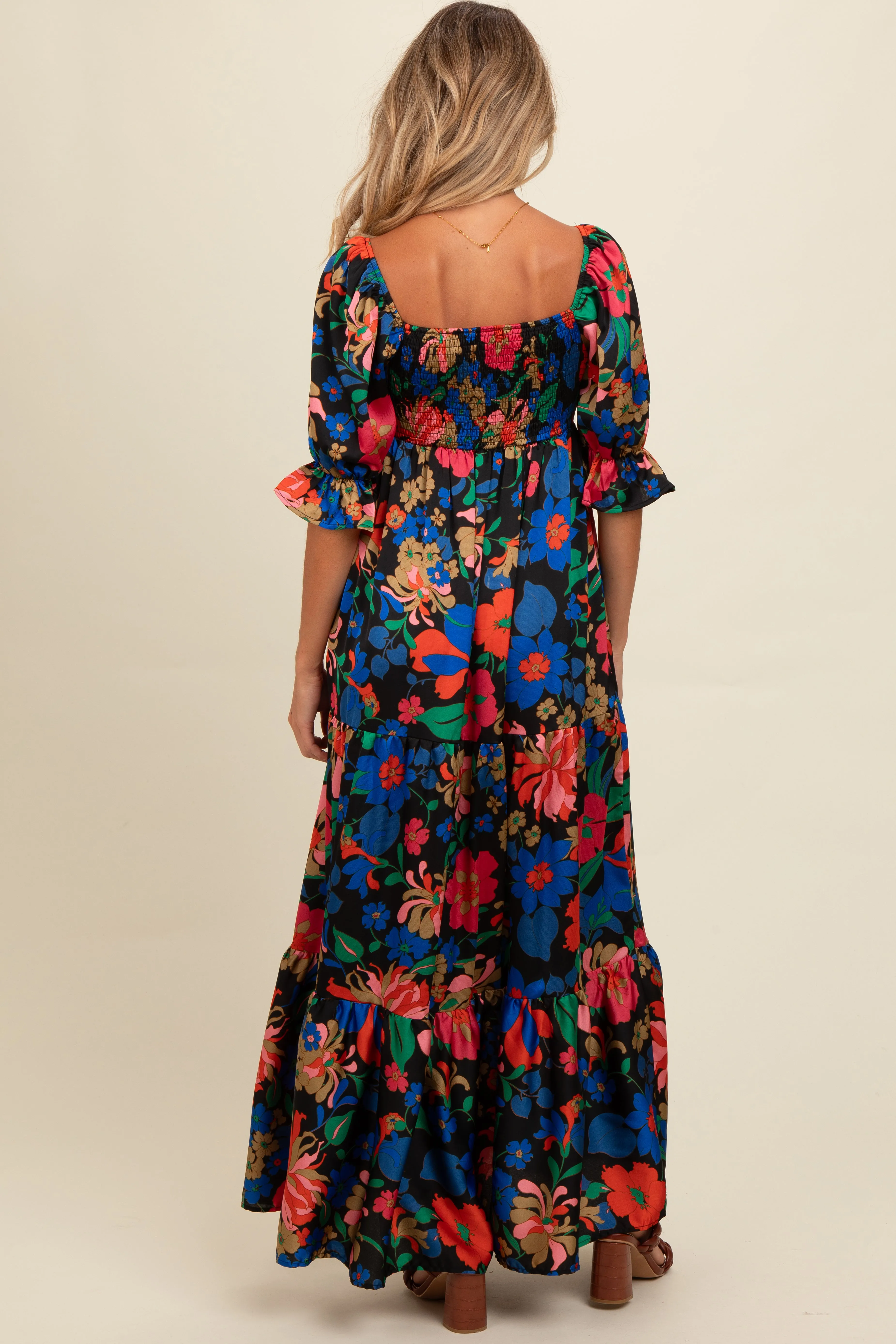 Black Floral Satin Smocked Tiered Maternity Maxi Dress sold by Pinkblush product image thumbnail 3