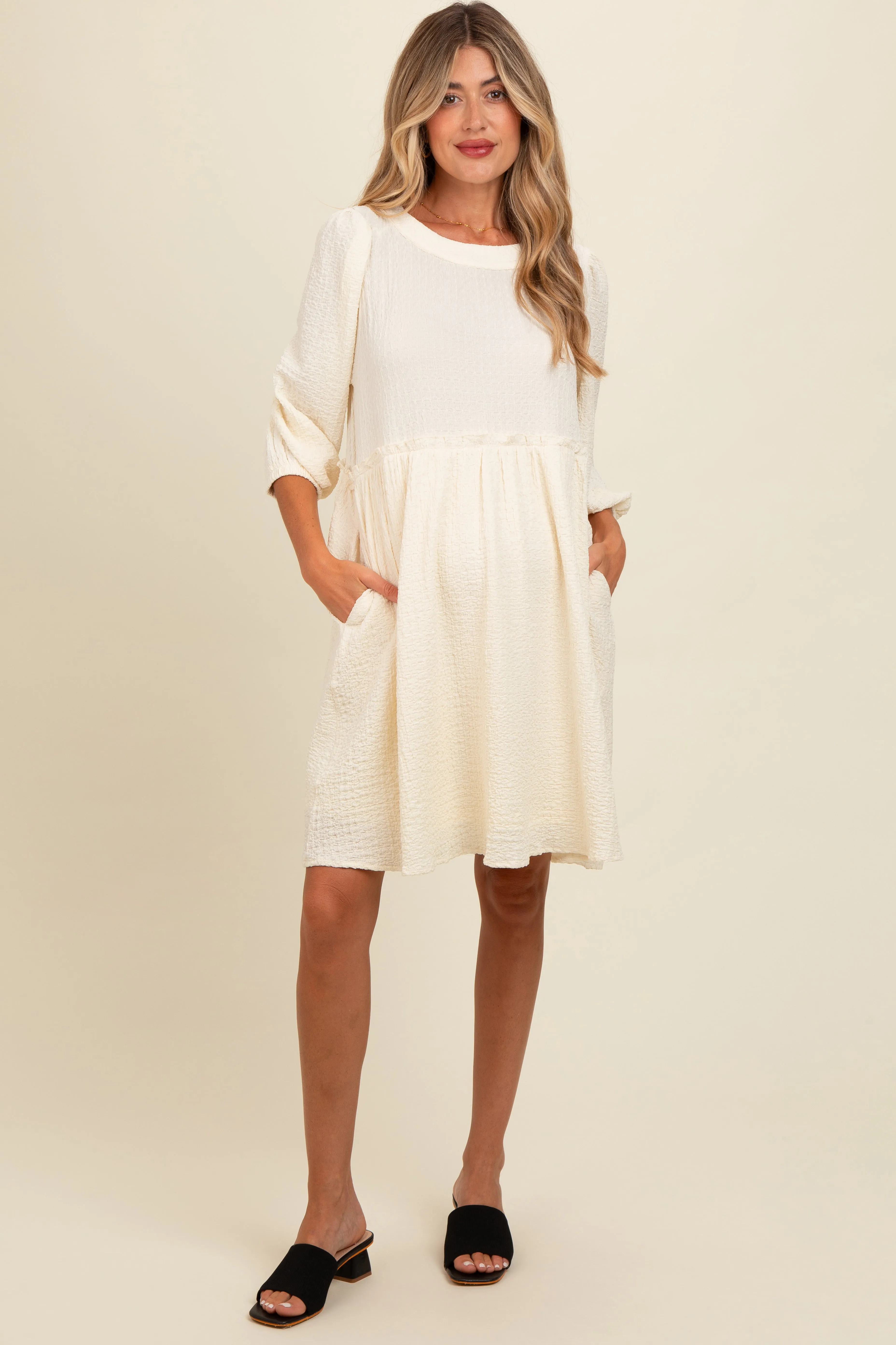 Cream Knit Ruffle Trim Maternity Dress sold by Pinkblush