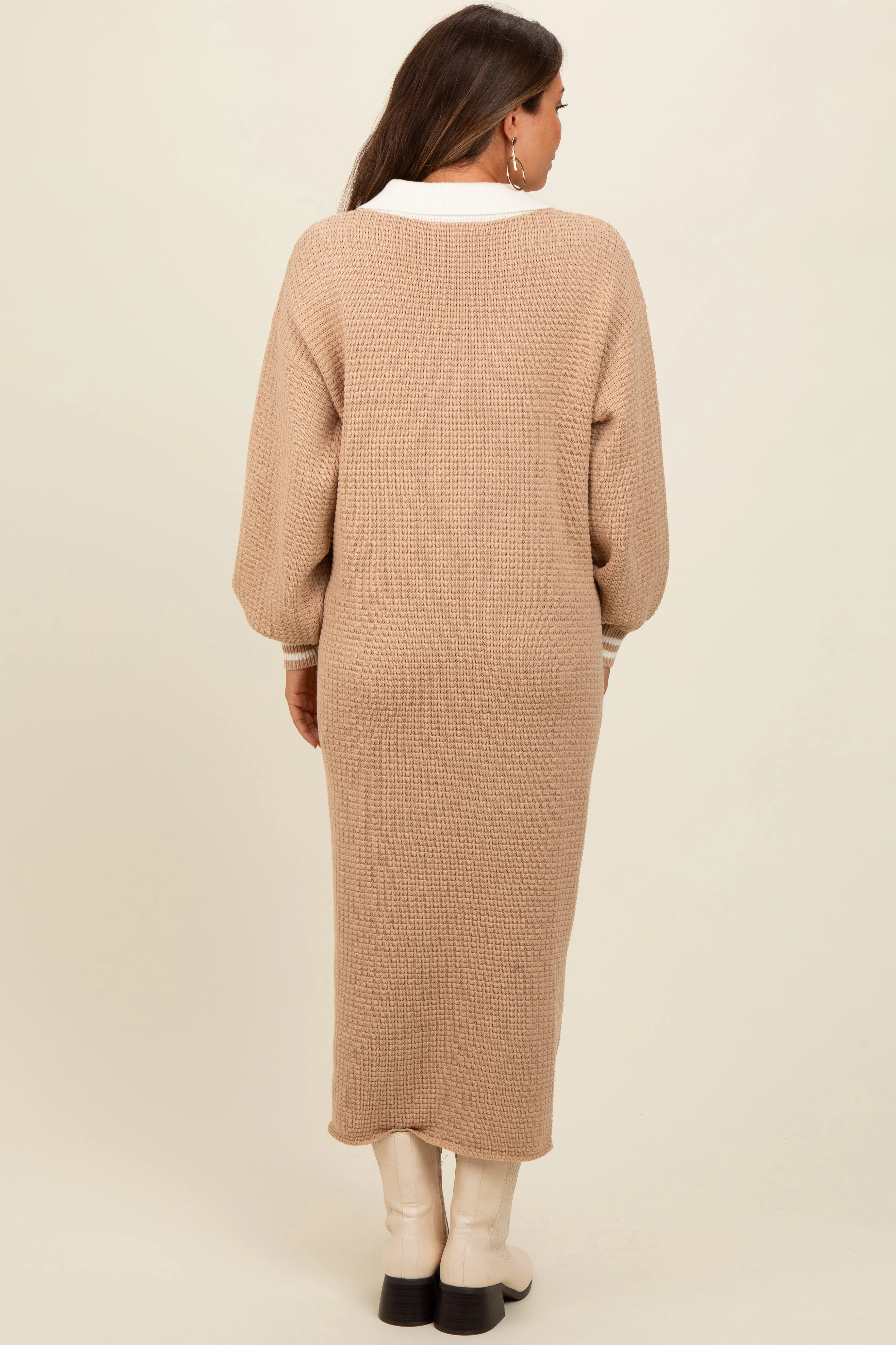 Light Taupe Waffle Knit Polo Sweater Dress sold by Pinkblush product image thumbnail 3