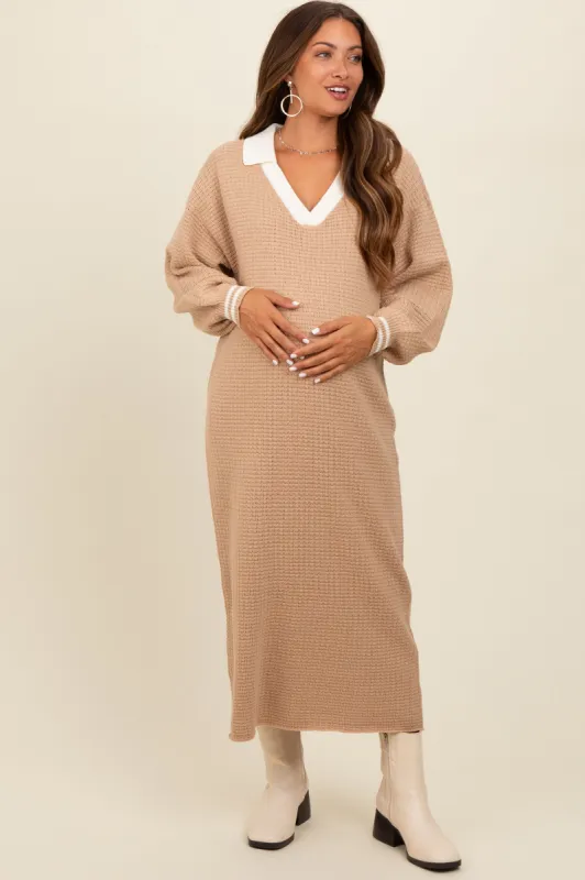 Light Taupe Waffle Knit Polo Sweater Dress sold by Pinkblush