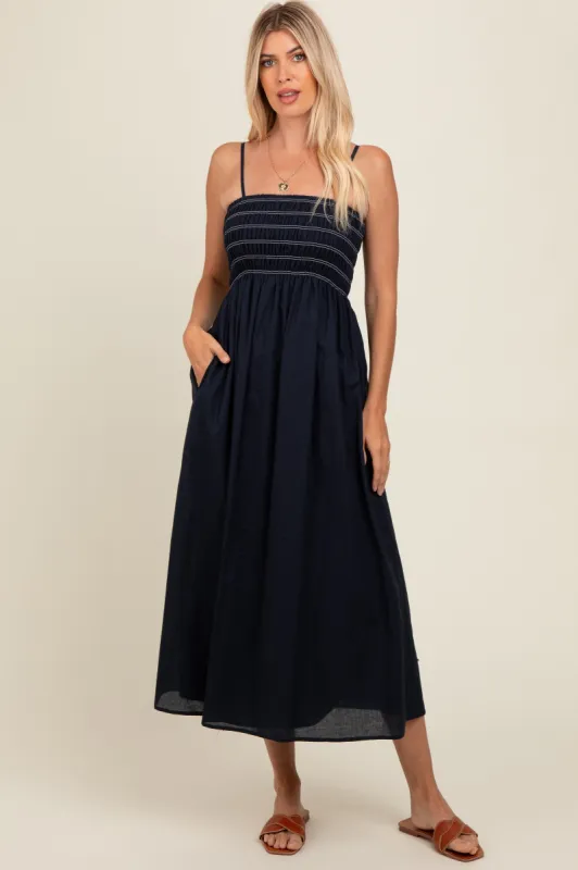Navy Bartlett Striped Smocked Midi Dress sold by Pinkblush