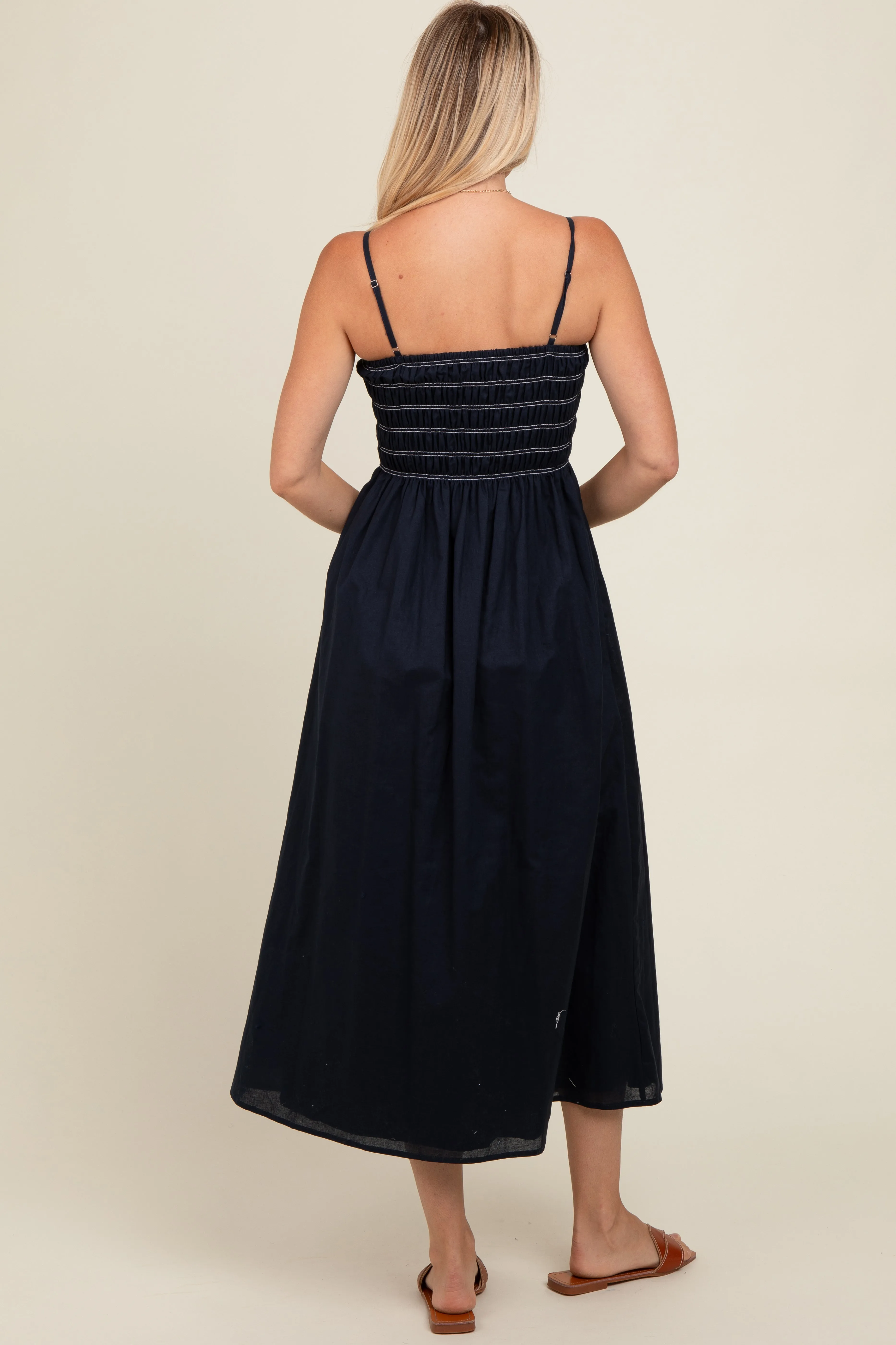 Navy Bartlett Striped Smocked Midi Dress sold by Pinkblush product image thumbnail 5