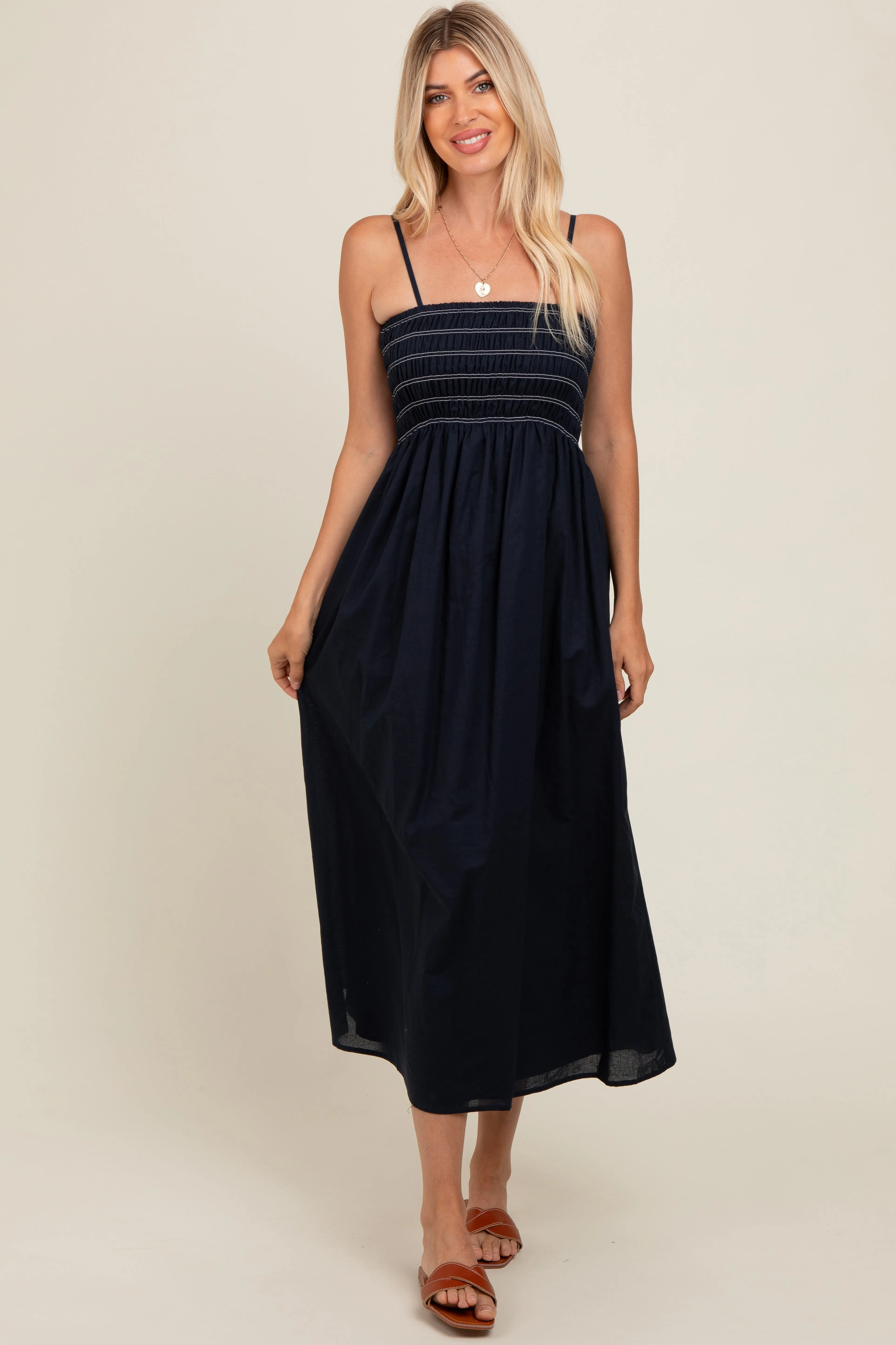Navy Bartlett Striped Smocked Midi Dress sold by Pinkblush product image thumbnail 2