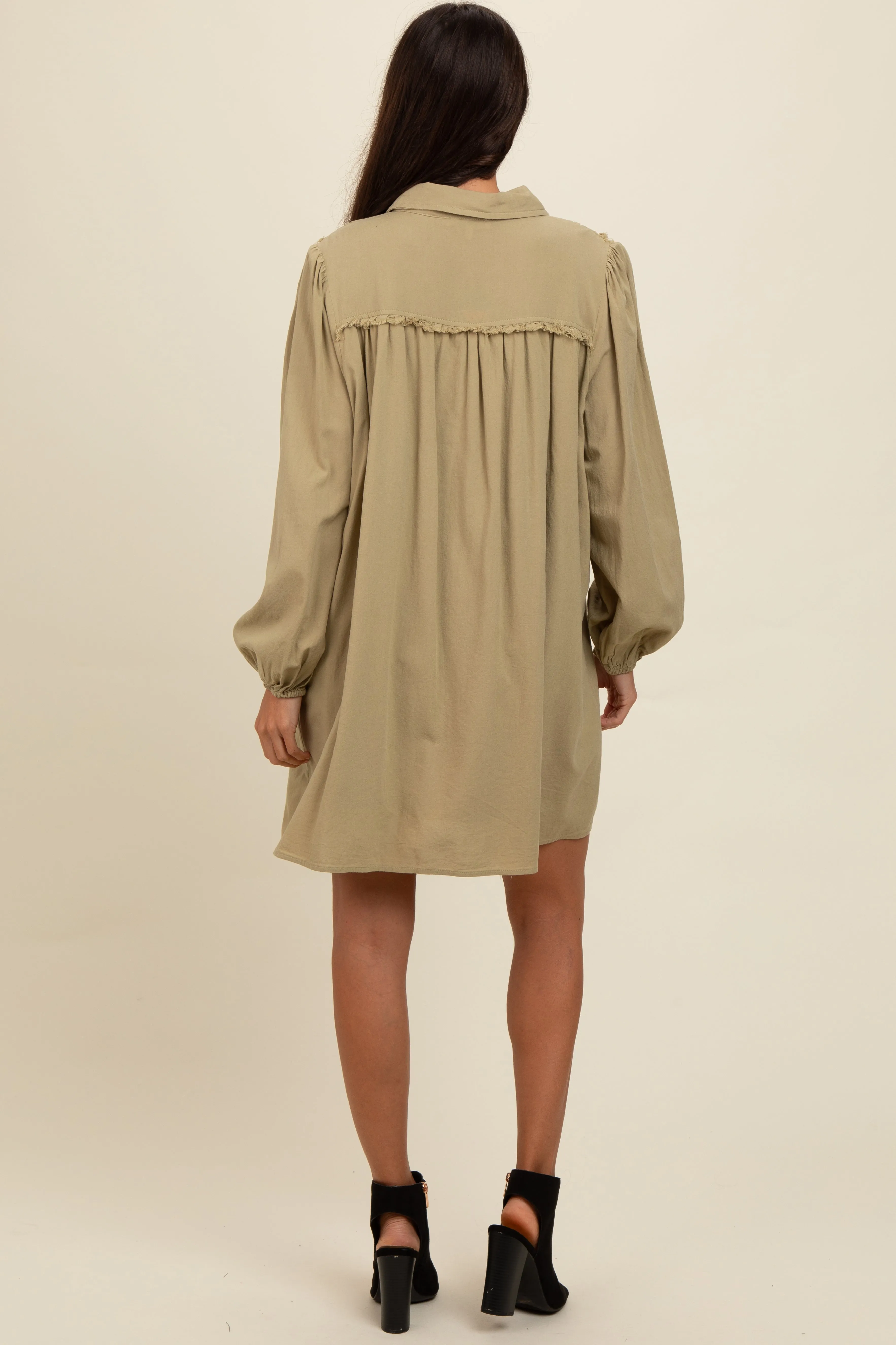 Light Olive Frayed Button Down Mini Dress sold by Pinkblush product image thumbnail 2
